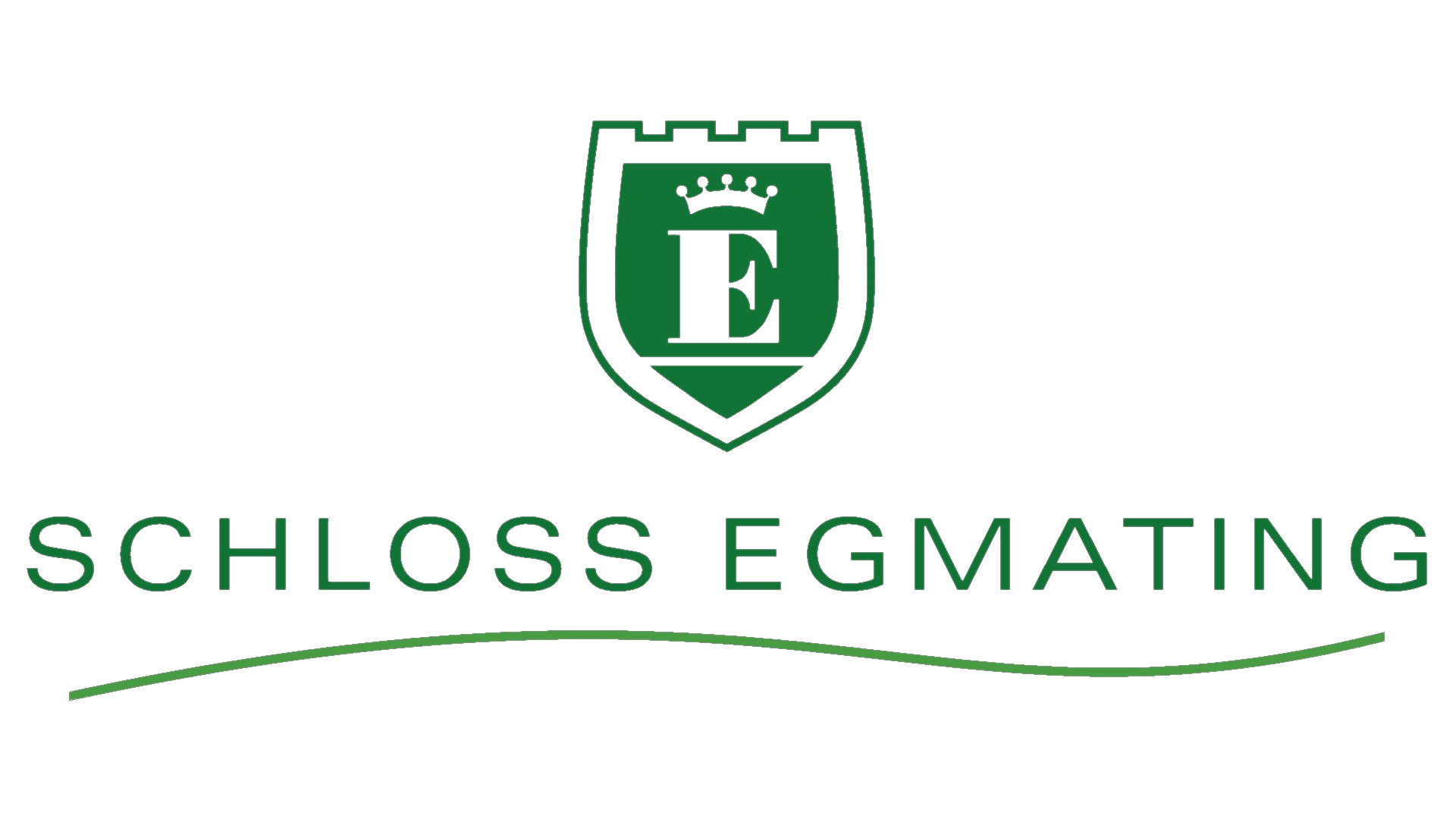 Logo mit einem grünen Wappen, einem Kronen- und E-Buchstaben, und dem Text 'Schloss Egmating' darunter.