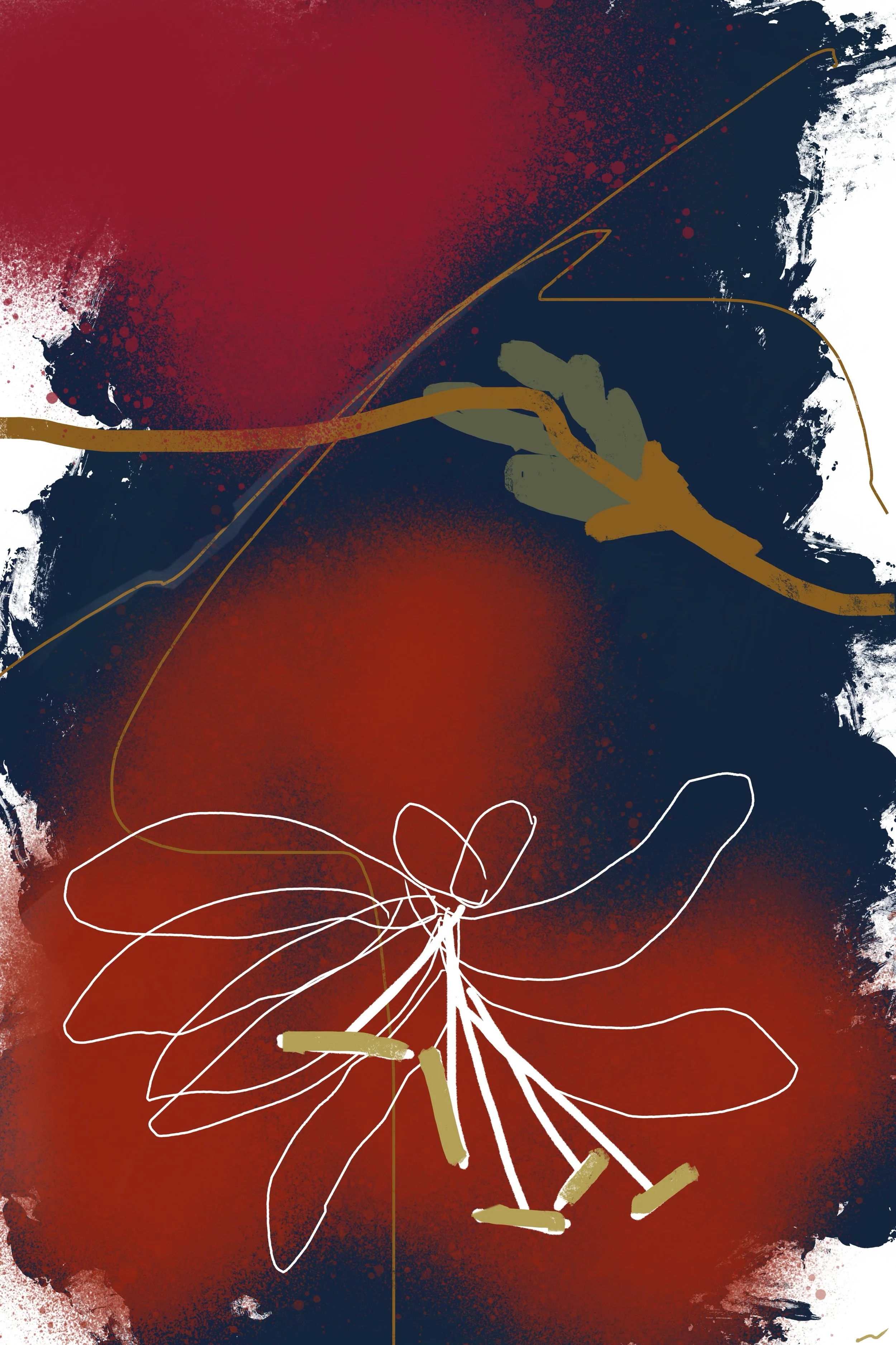 You’re the Beautiful Anomaly in the Quiet Rhythm of My Days II original digital artwork with rich midnight blue and cadmium red tones, layered textures, white botanical forms, and expressive street-art-inspired mark making.