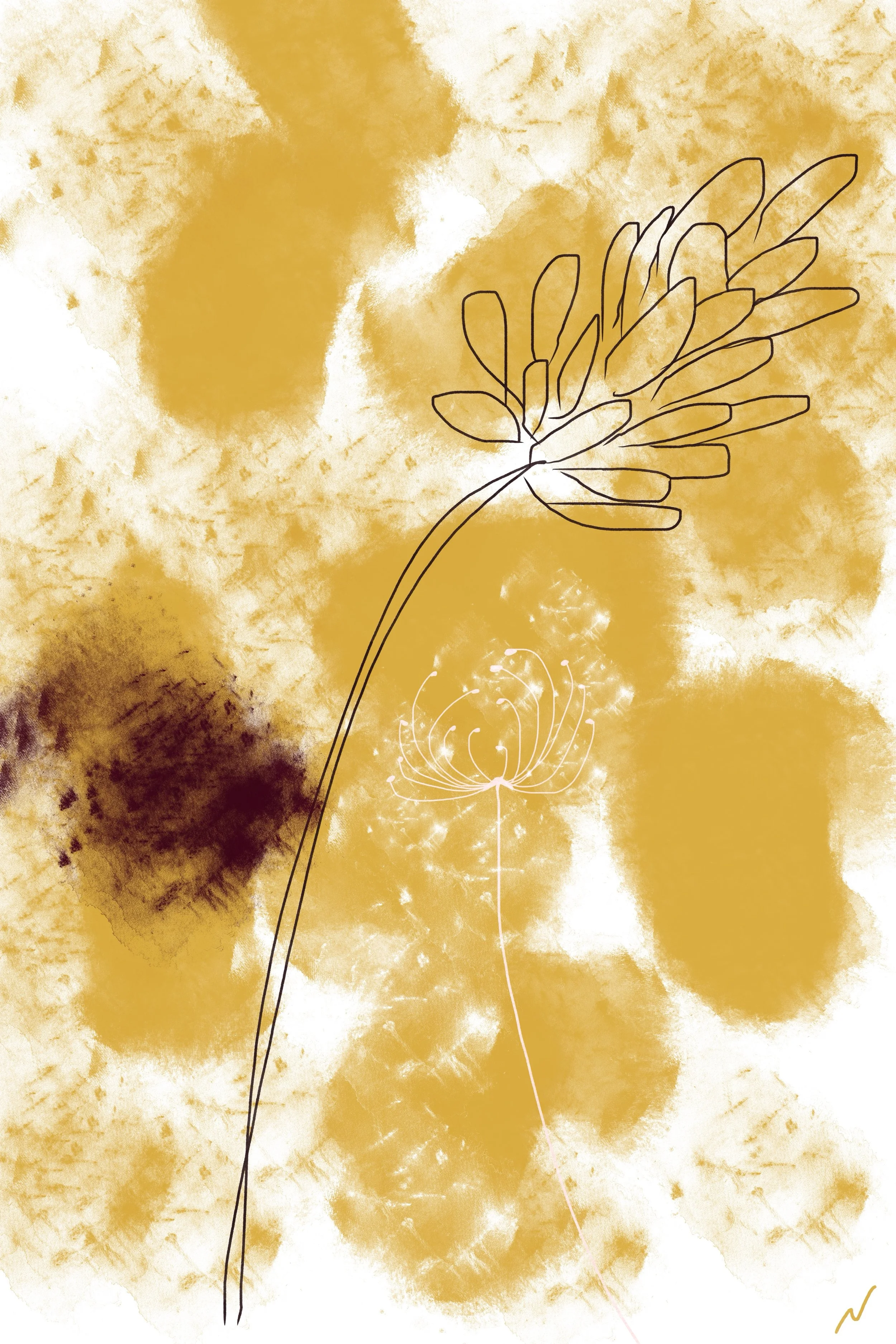 Rustic wildflower meadow in warm ochre tones, textured botanical wall art with a modern natural feel. Part of triptych, 3 of 3.