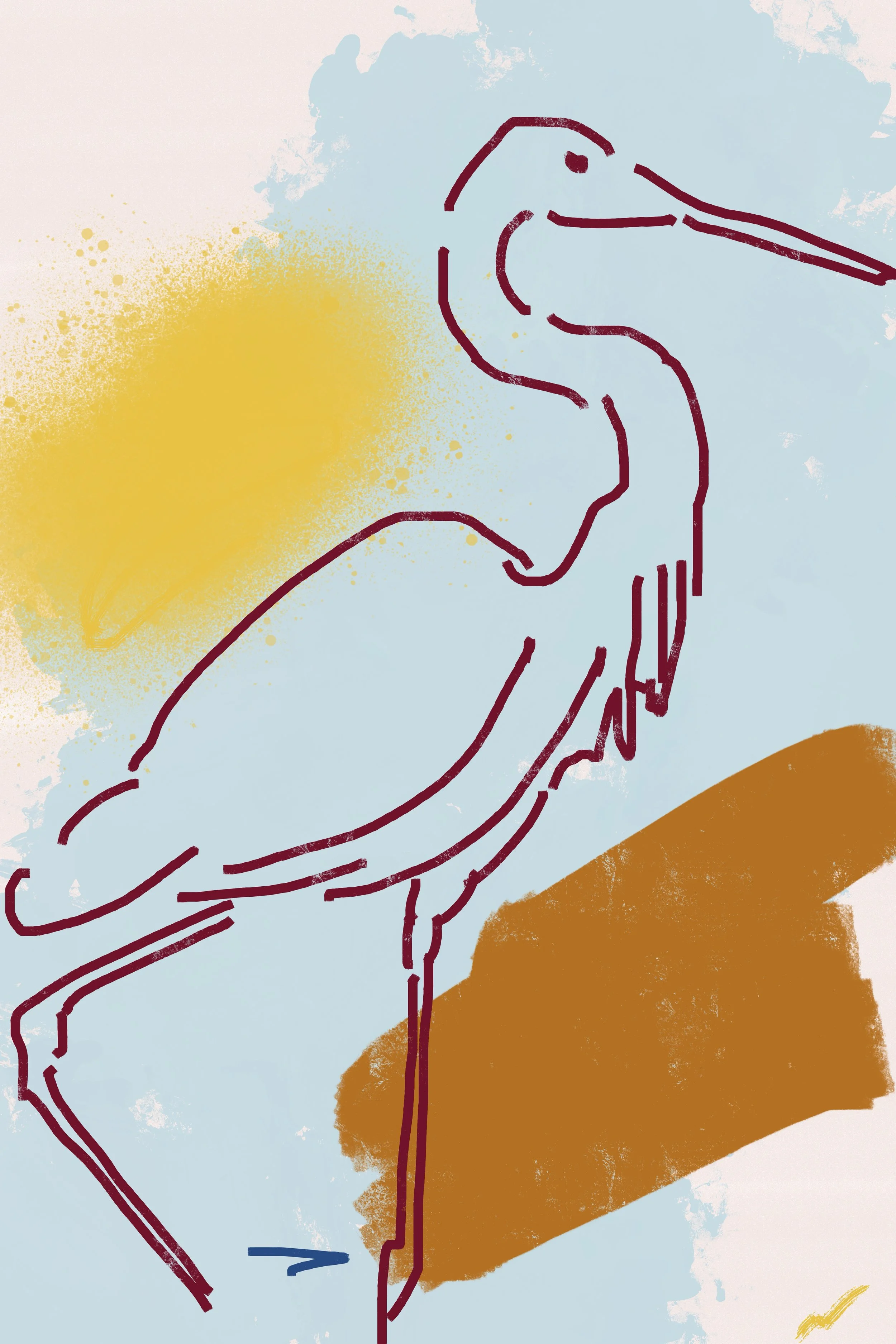 Expressive tropical egret artwork featuring a one-line bird against pastel teal with layered graffiti textures in red, yellow, and orange, creating bold contemporary jungle street art. Part of triptych, 3 of 3.