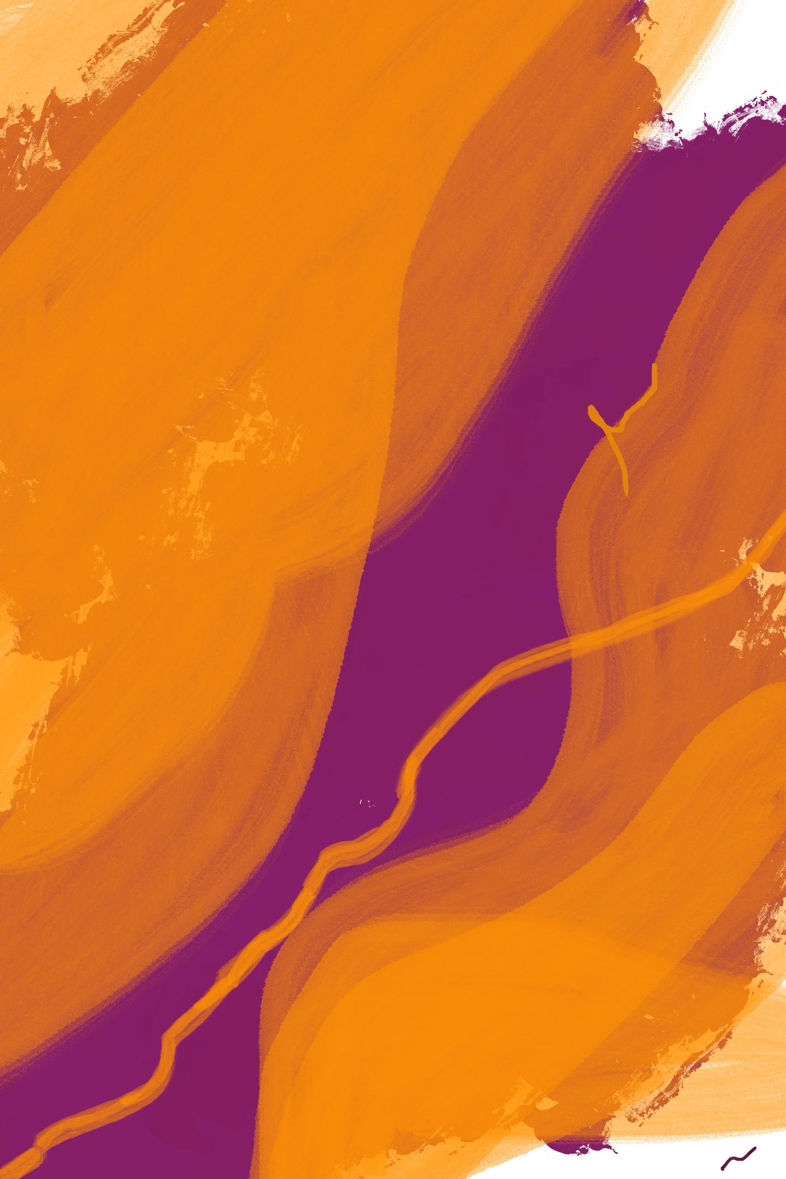 Energetic nature expressionism painting of neon orange flower petals blowing in the wind. Part of triptych, 1 of 3.