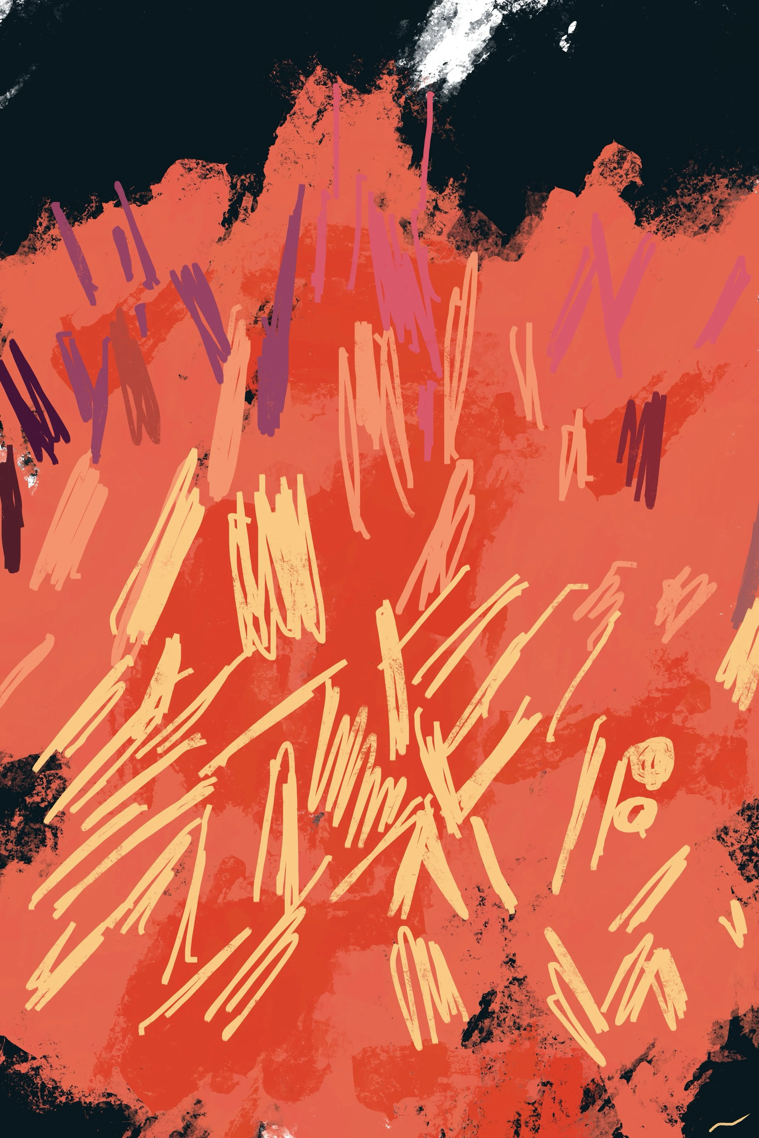 Like Bonfire Flames, the Meadow of My Soul II, contemporary abstract digital artwork depicting a midnight meadow that abstractly evokes glowing bonfire flames through layered textures, expressive marks, and atmospheric movement.