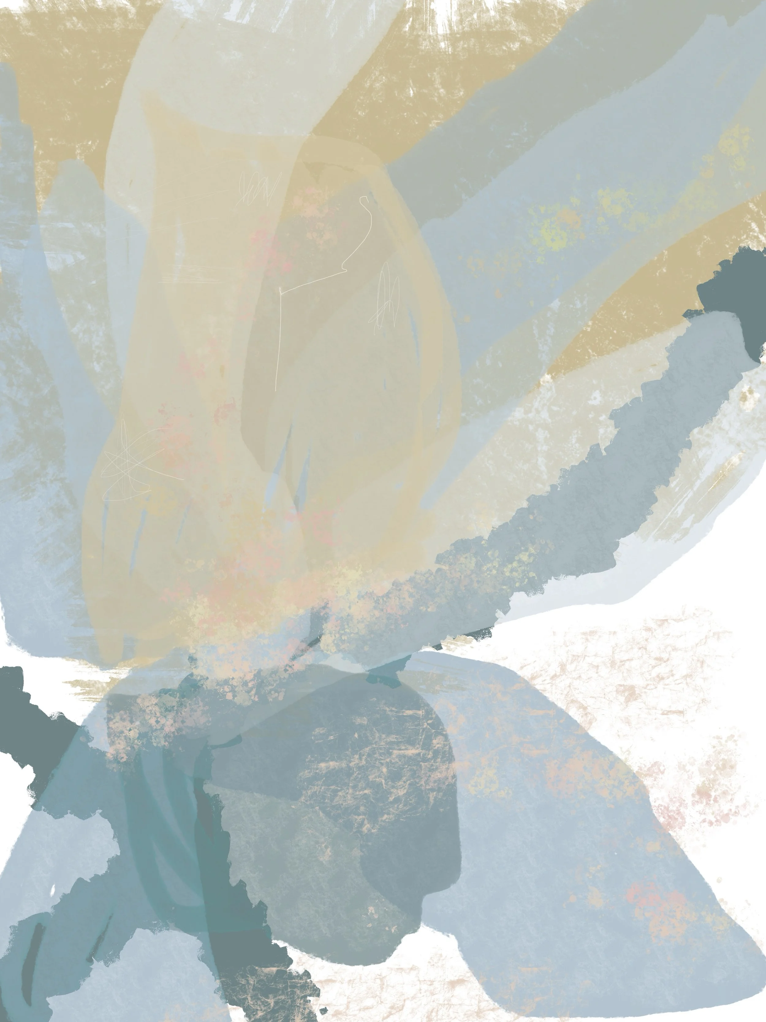 Abstract illustration of a person with some facial features, surrounded by soft pastel colors and textured brushstrokes.