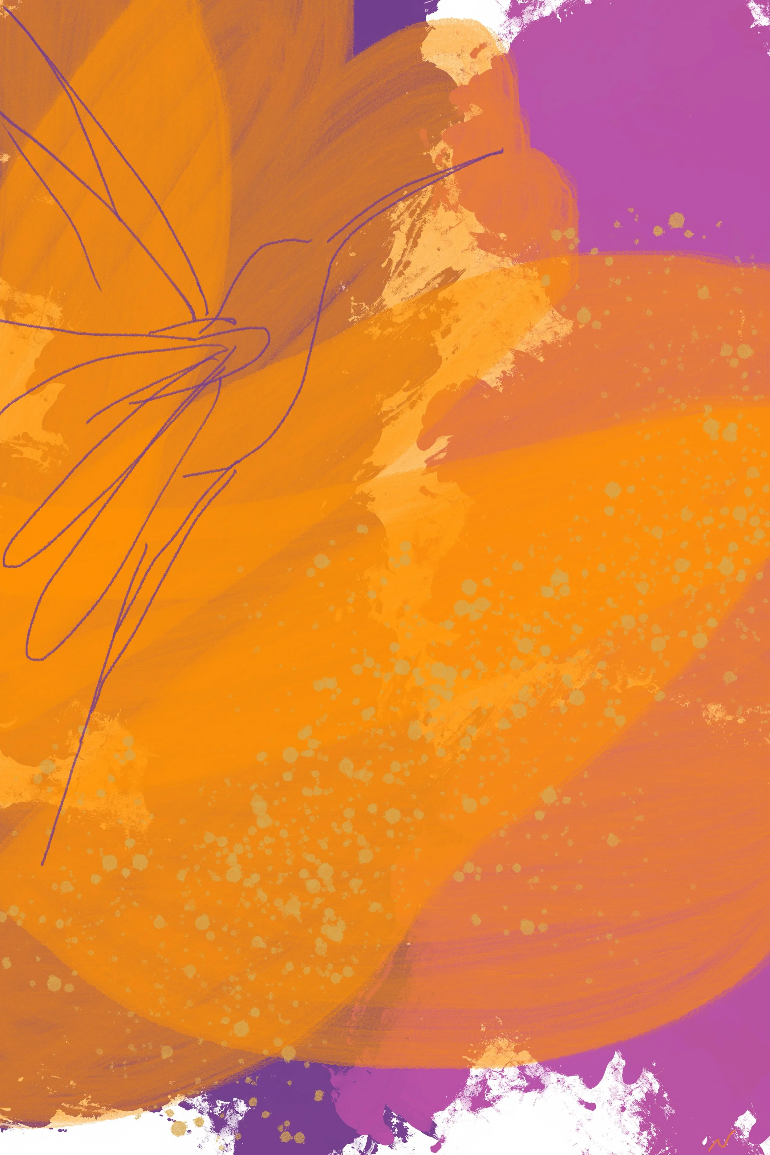 Textured impasto-style painting of a hummingbird in flight, featuring vibrant Tangerine Disco orange and Electric Fuchsia magenta purple petals on a modern urban garden backdrop. Part of triptych, 1 of 3.