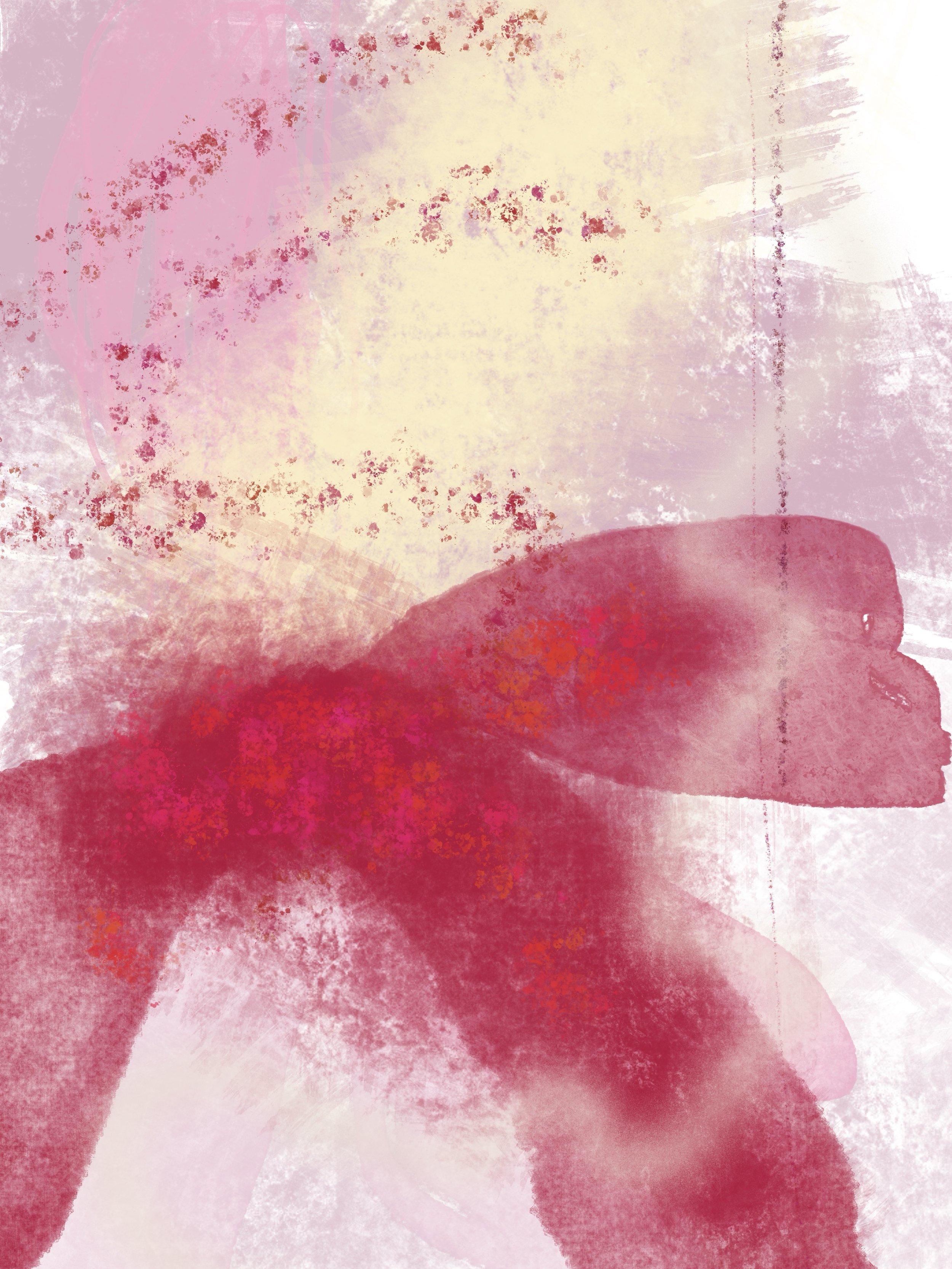 Abstract watercolor painting with pink, red, and cream tones.