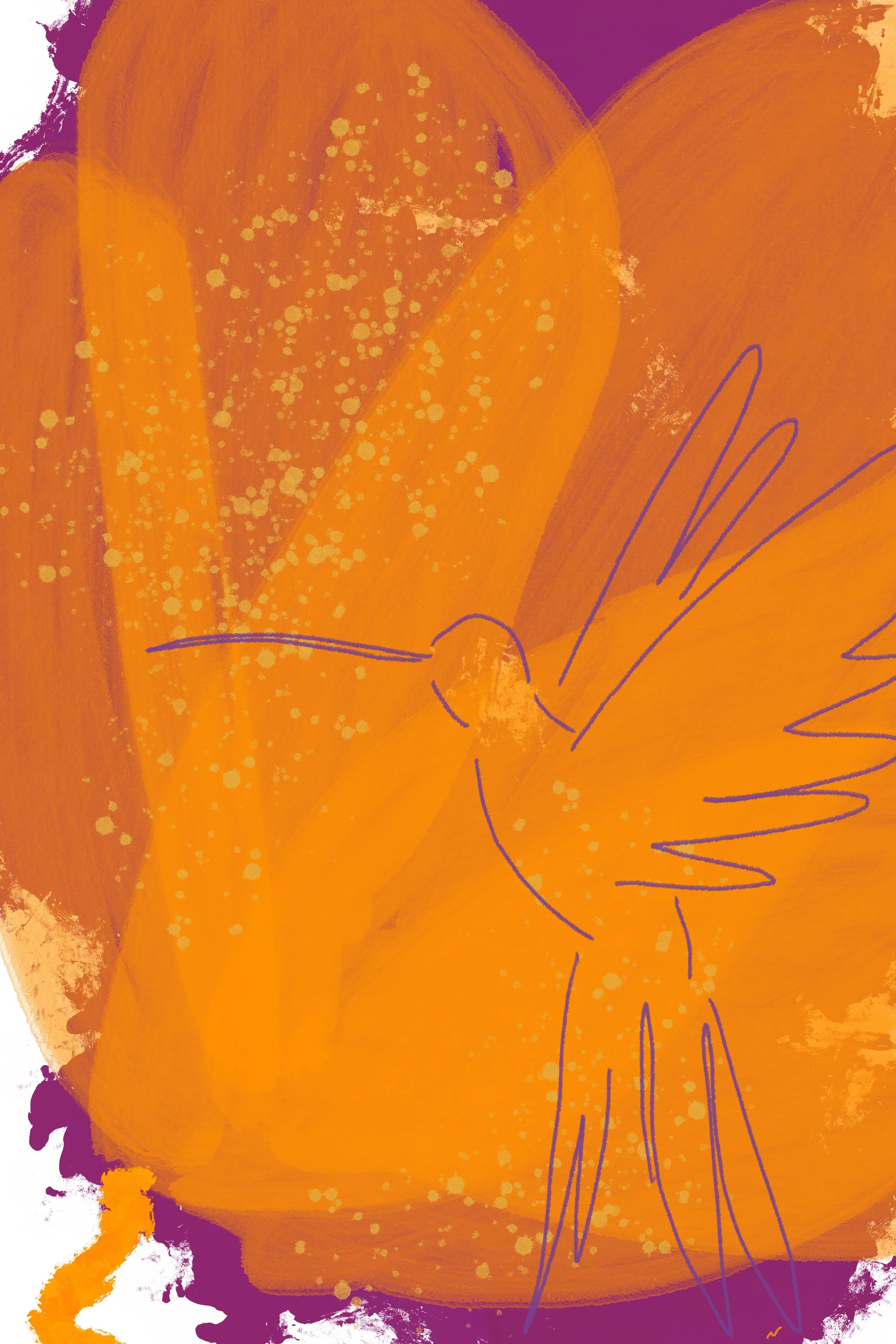 Textured impasto-style painting of a hummingbird in flight, featuring vibrant Tangerine Disco orange and Electric Fuchsia magenta purple petals on a modern urban garden backdrop. Part of triptych, 3 of 3.