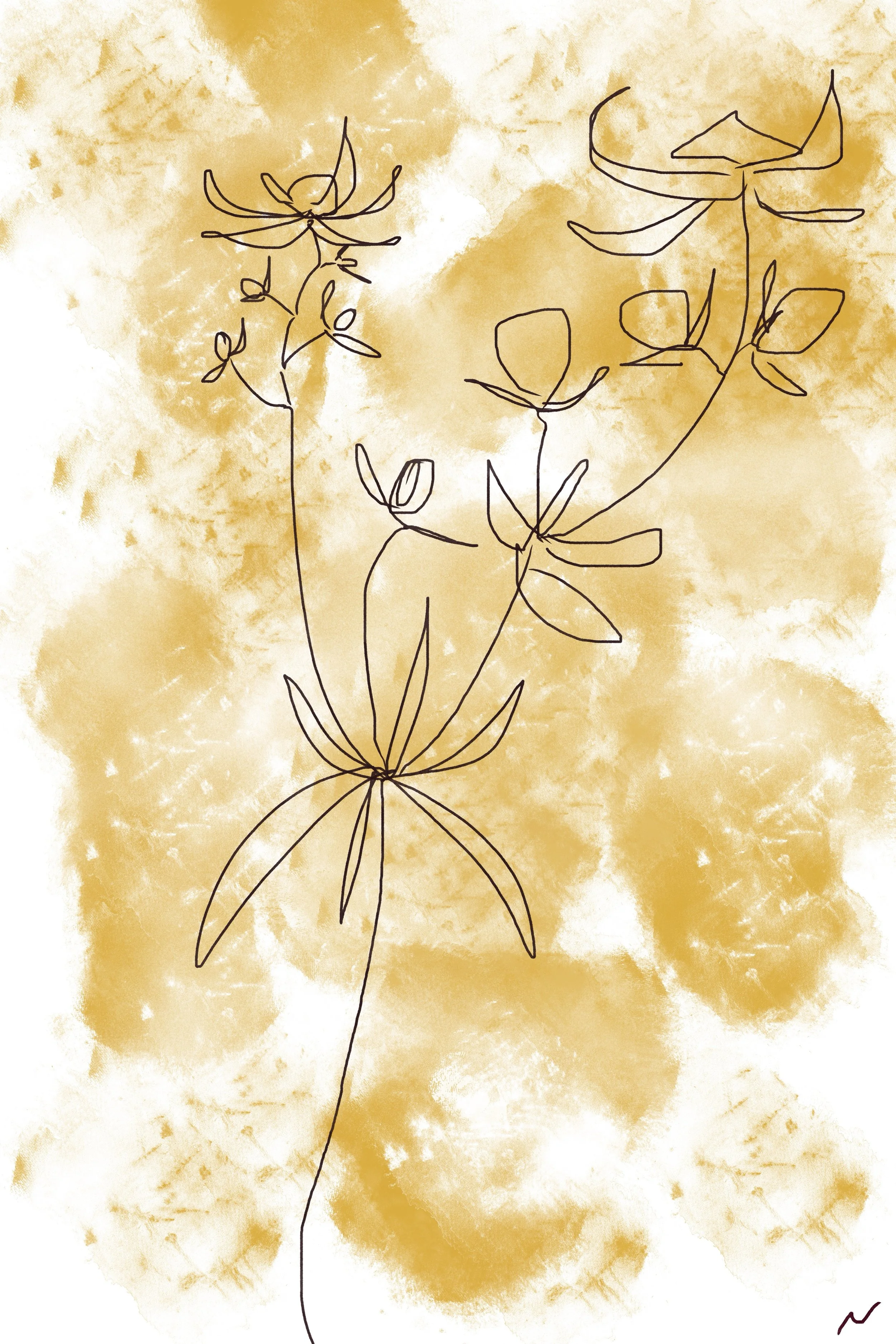 Rustic wildflower meadow in warm ochre tones, textured botanical wall art with a modern natural feel. Part of triptych, 1 of 3.