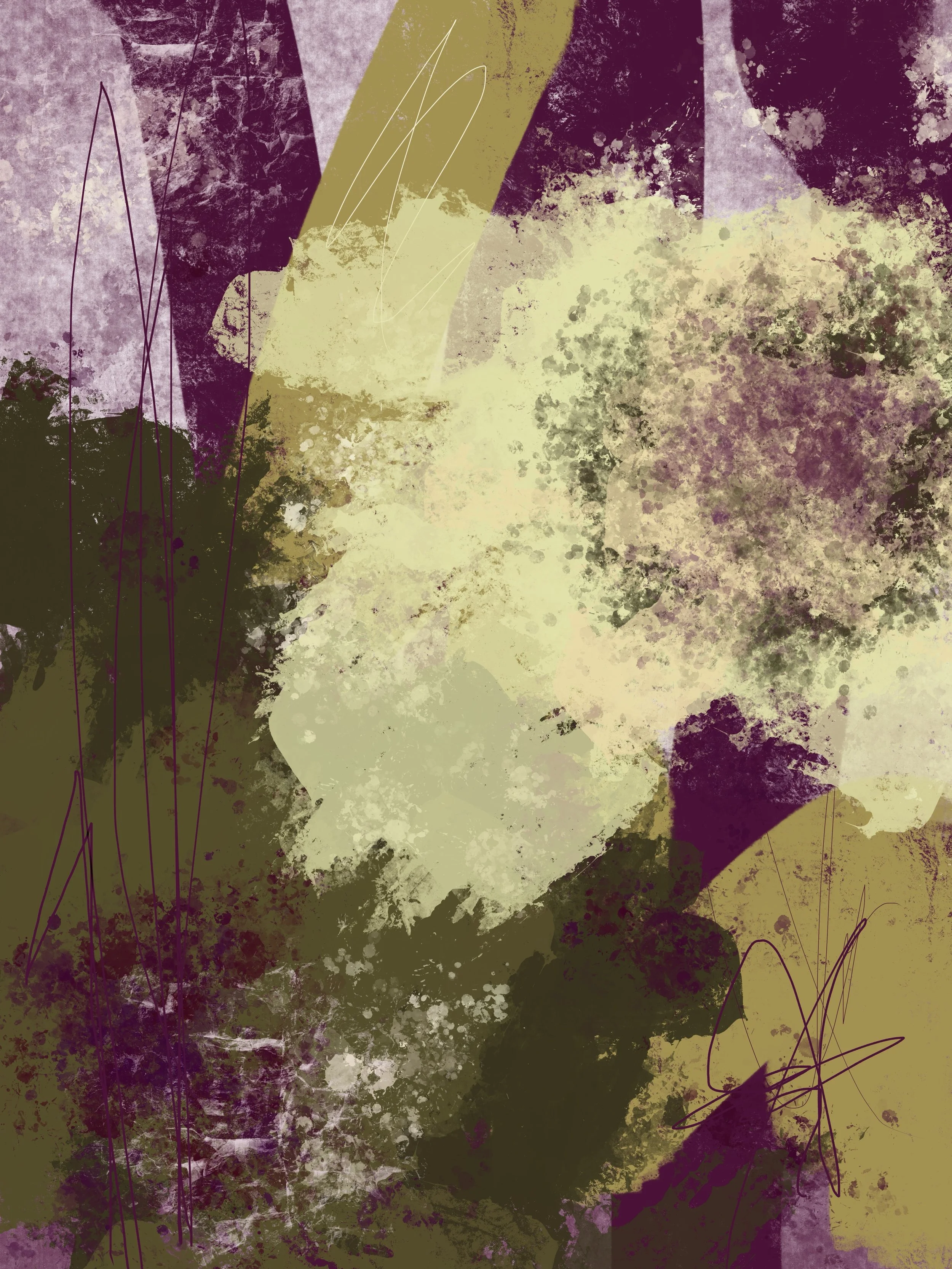 Expressionist abstracted artwork. Sweeping garden foliage surges through currents of wind, unfolding in deep burgundy and flame-orange tones. Thrumming in the Wind polyptych, 6 of 6.