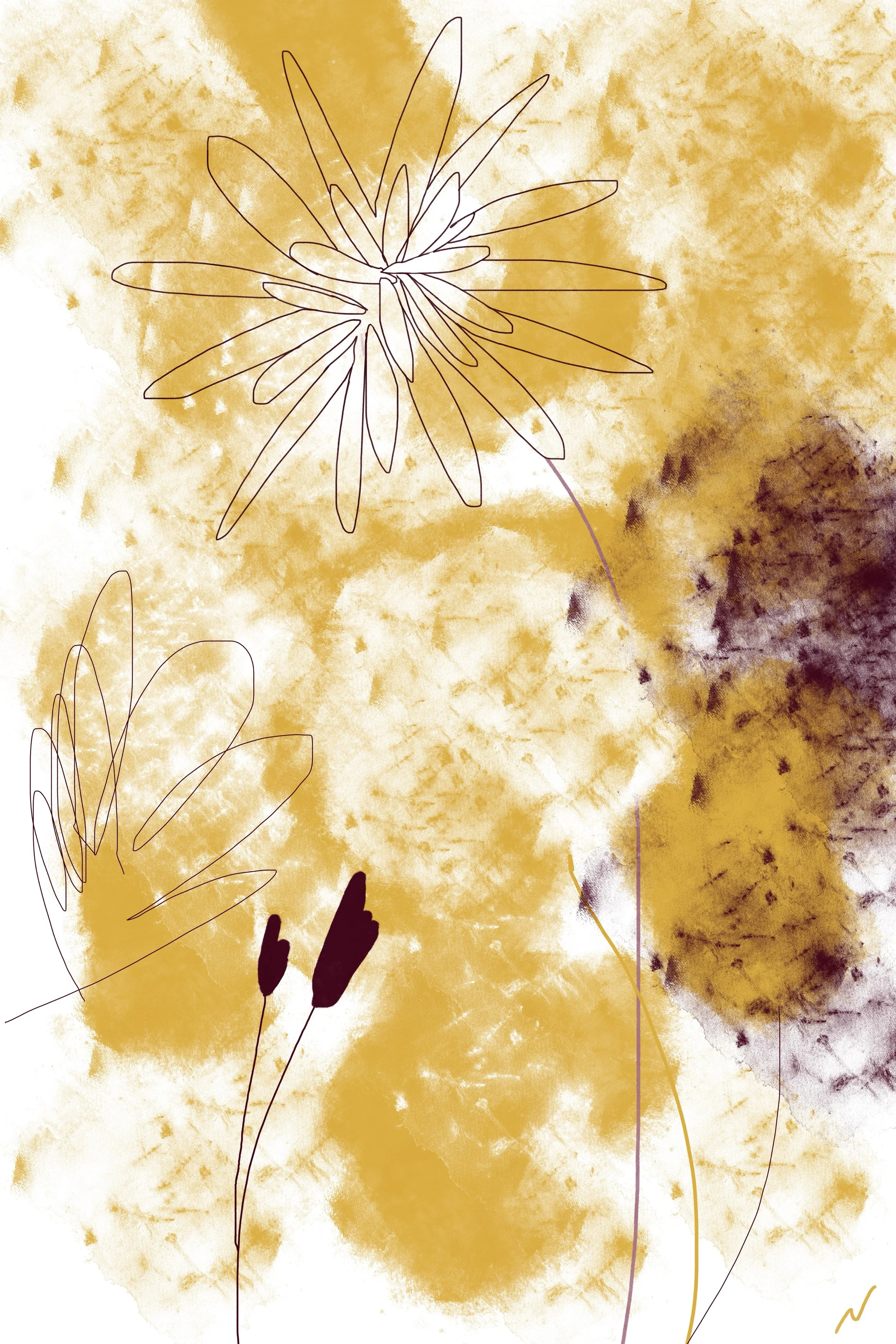 Rustic wildflower meadow in warm ochre tones, textured botanical wall art with a modern natural feel. Part of triptych, 2 of 3.