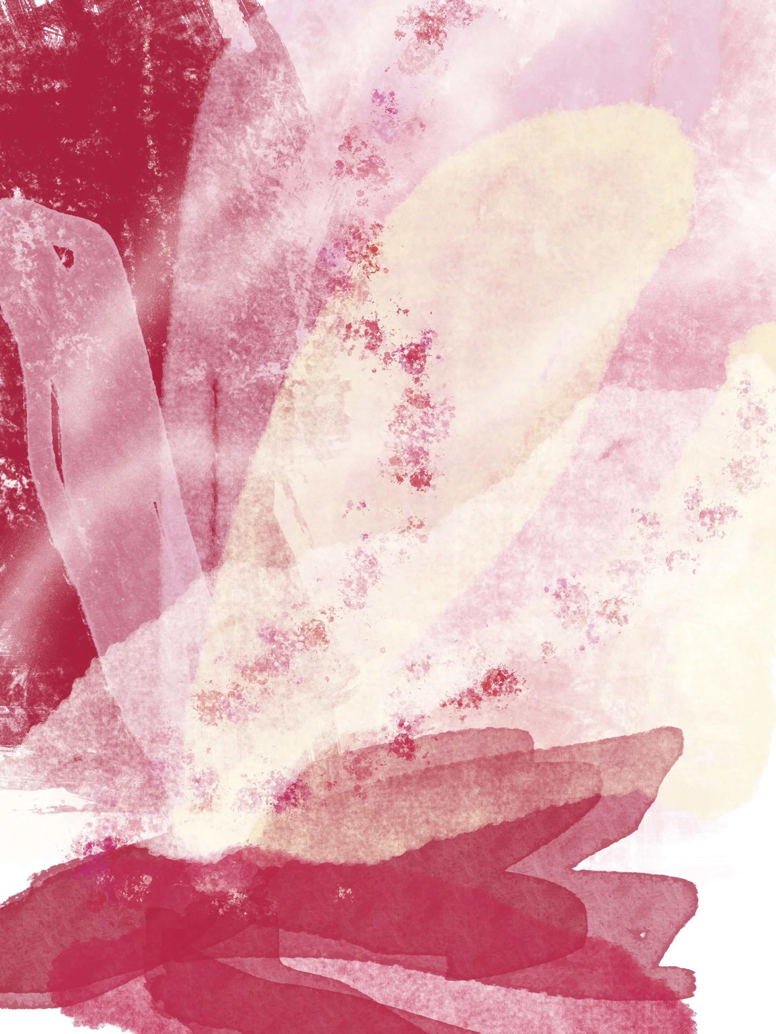 Abstract watercolor painting in shades of pink, red, and cream with soft textures and blended shapes.