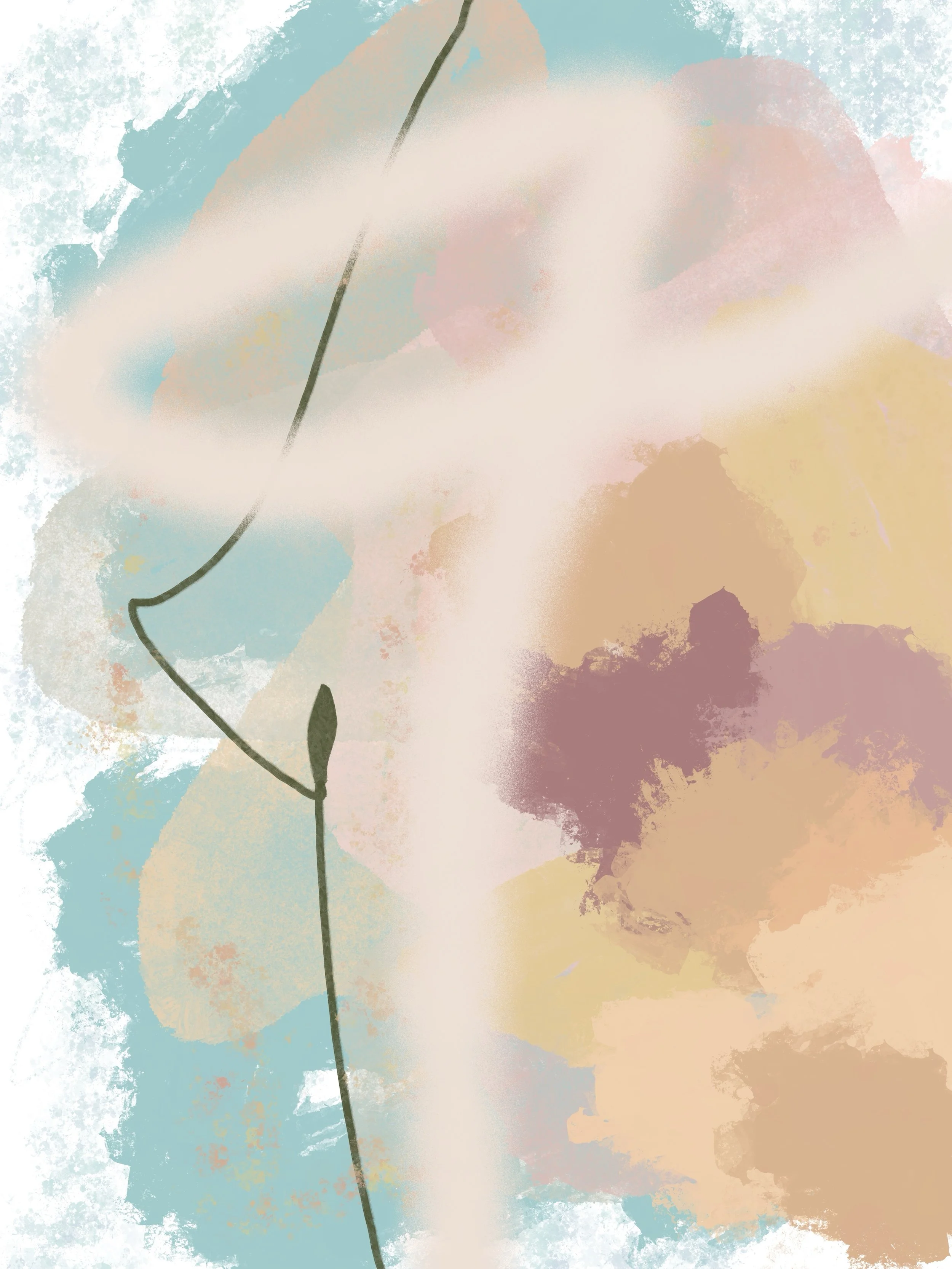 Abstract watercolor painting with soft pastel colors, featuring floral shapes and a dark line sketch of a flower stem.
