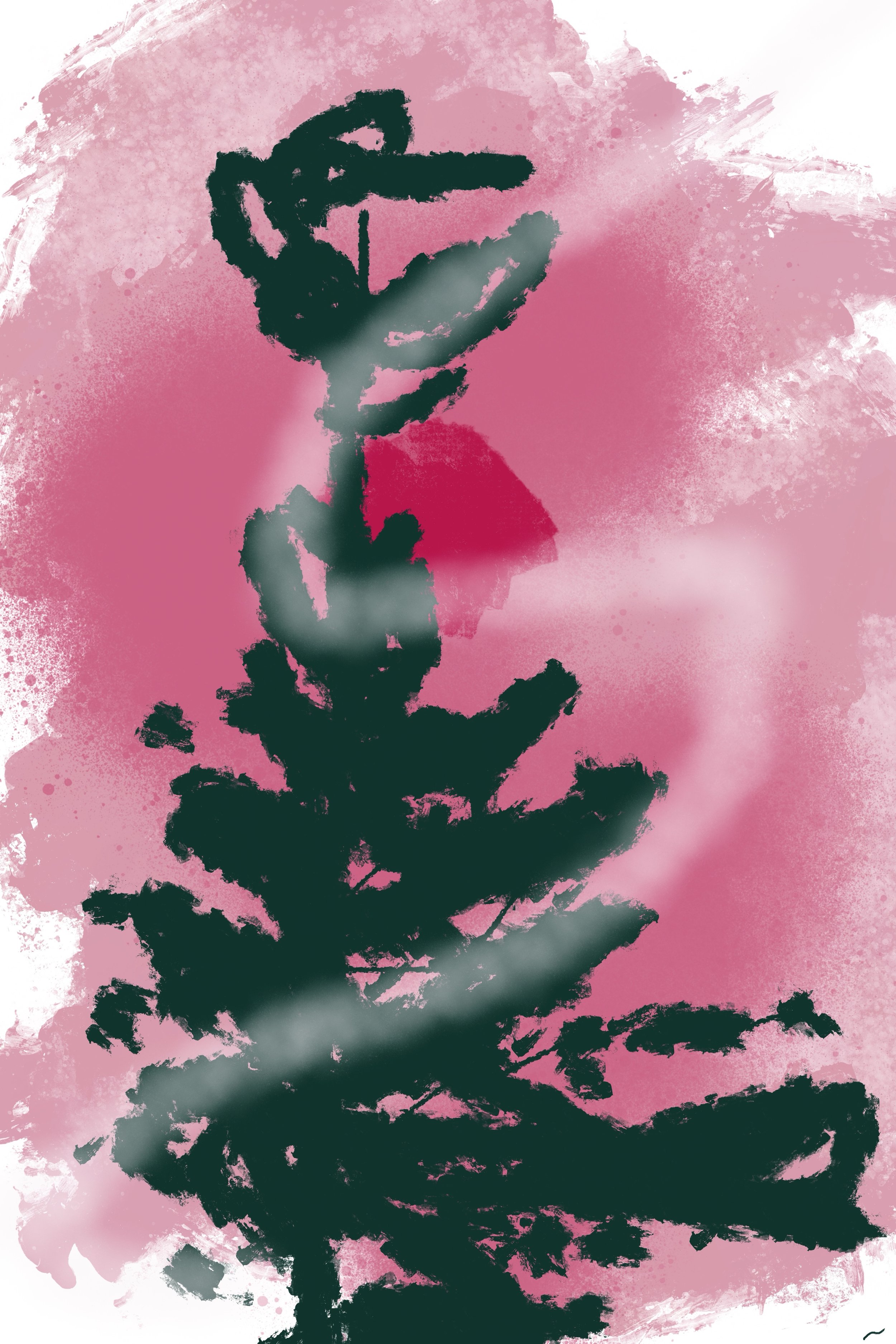 As Silent Sentinels, They Pierce a Bleeding Morning Sky III, an expressive urban landscape featuring conifer treetops against a bright red morning sky backdrop.