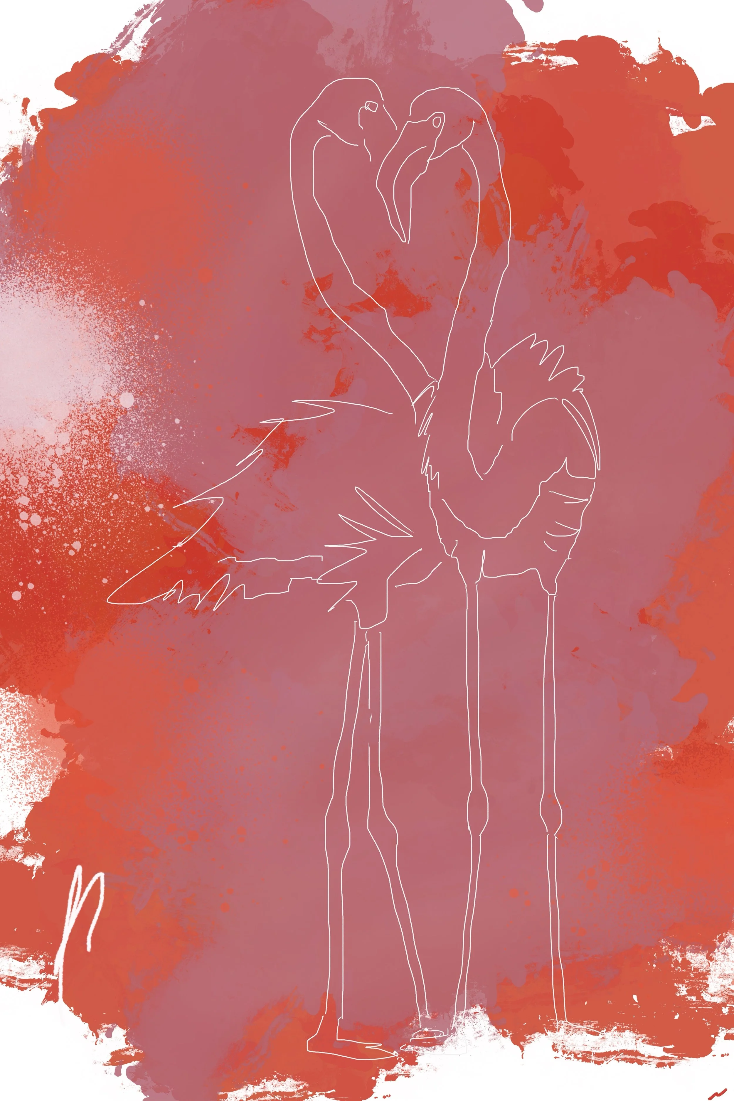 Like a Flamingo: My Connection with You II original digital artwork featuring one-line flamingo silhouettes against a textured red background with expressive painterly details and contemporary minimalist styling.