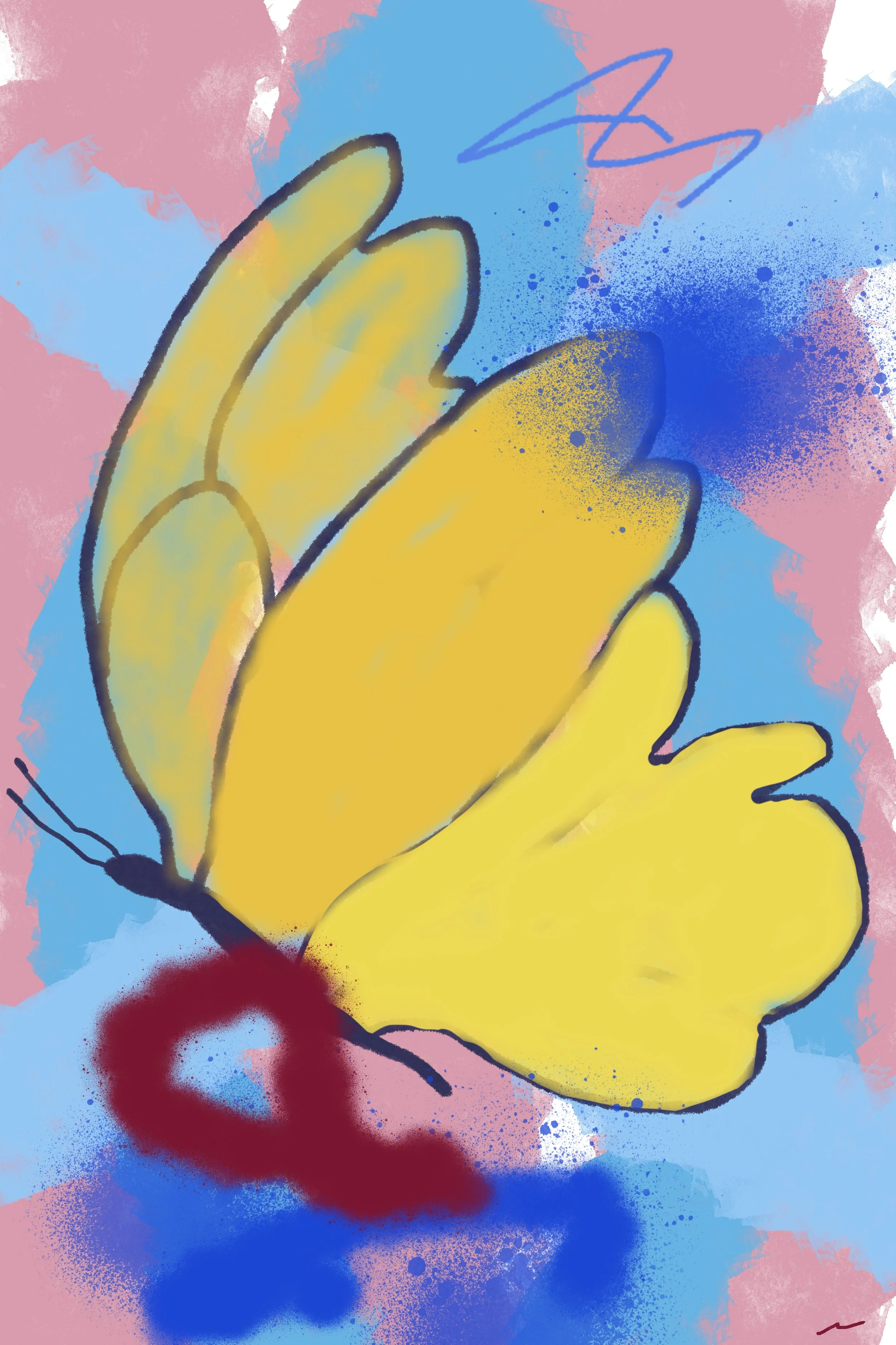 Vibrant graffiti-style butterfly artwork with bold yellow, blue, green, and red textures against a muted mauve background, expressive tropical jungle wall art with high-energy color movement. Part of triptych, 2 of 3.