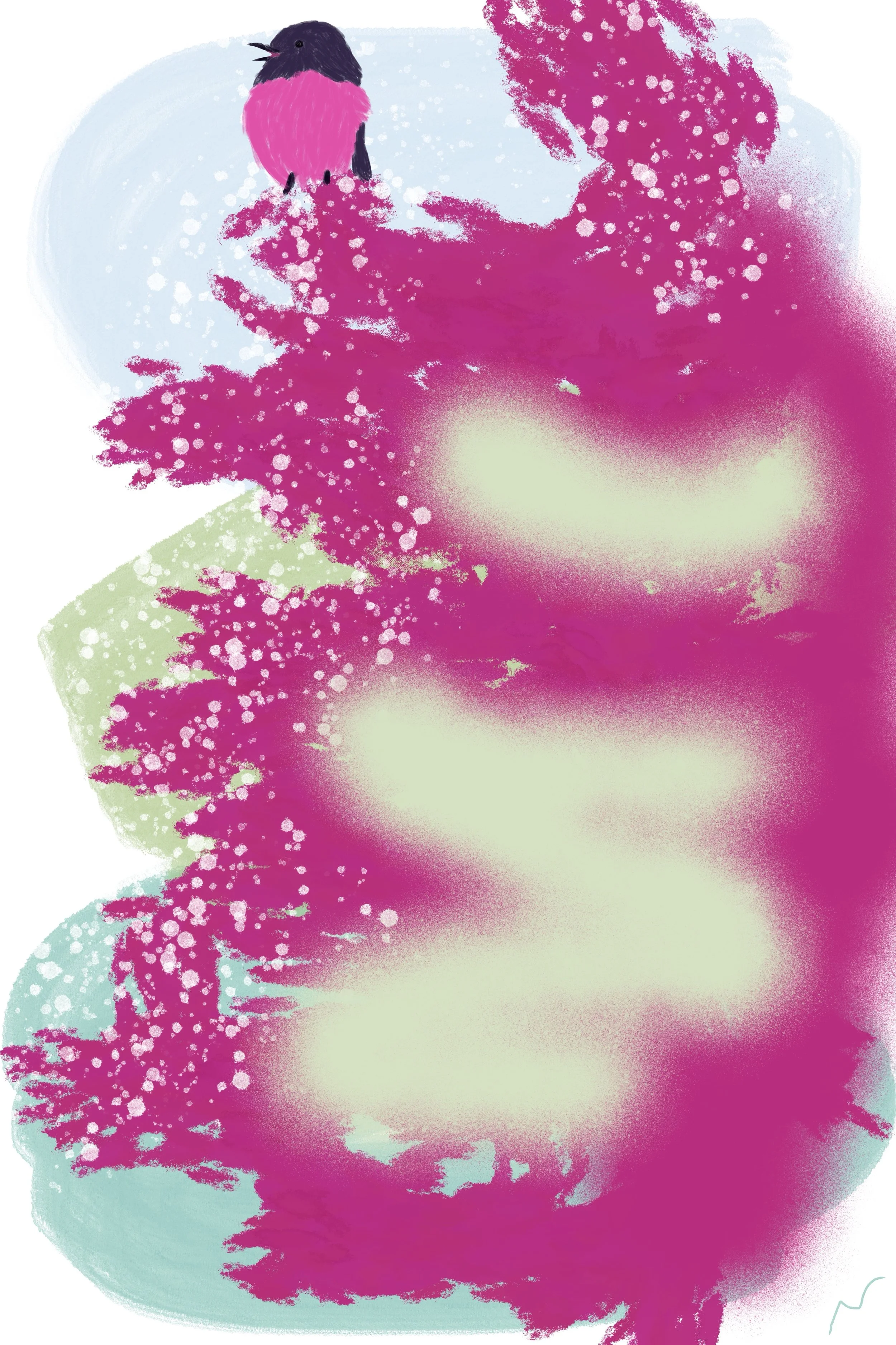 Hand-painted graffiti style landscape art featuring a vibrant, textured magenta conifer tree. Part of triptych, 3 of 3.