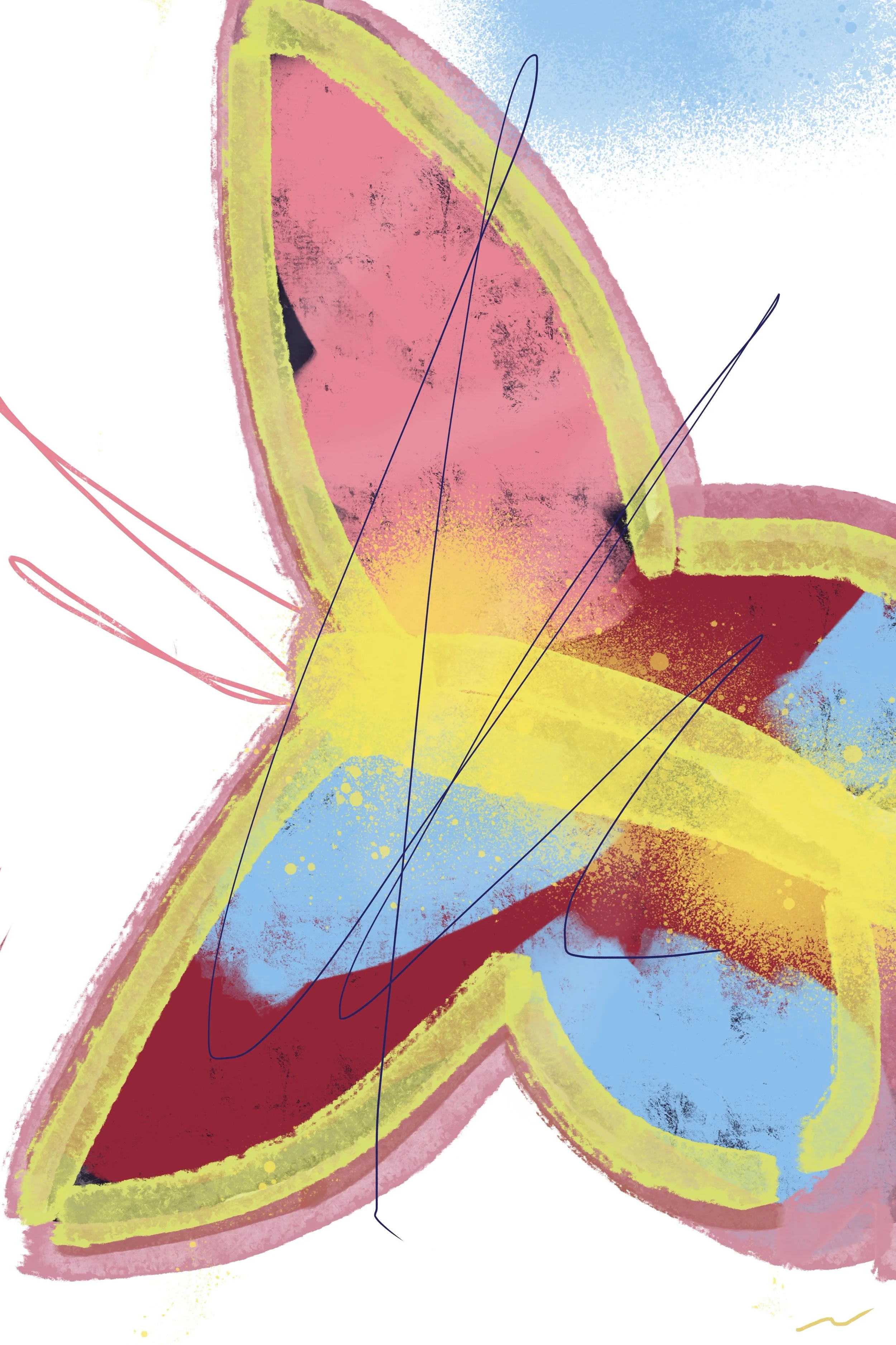 The Rhythm of Movement: Like Fire, Like Shadows III, a vibrant graffiti-style butterfly artwork with bold yellow, blue, green, and red textures against a muted mauve background, expressive tropical jungle wall art with high-energy color movement.