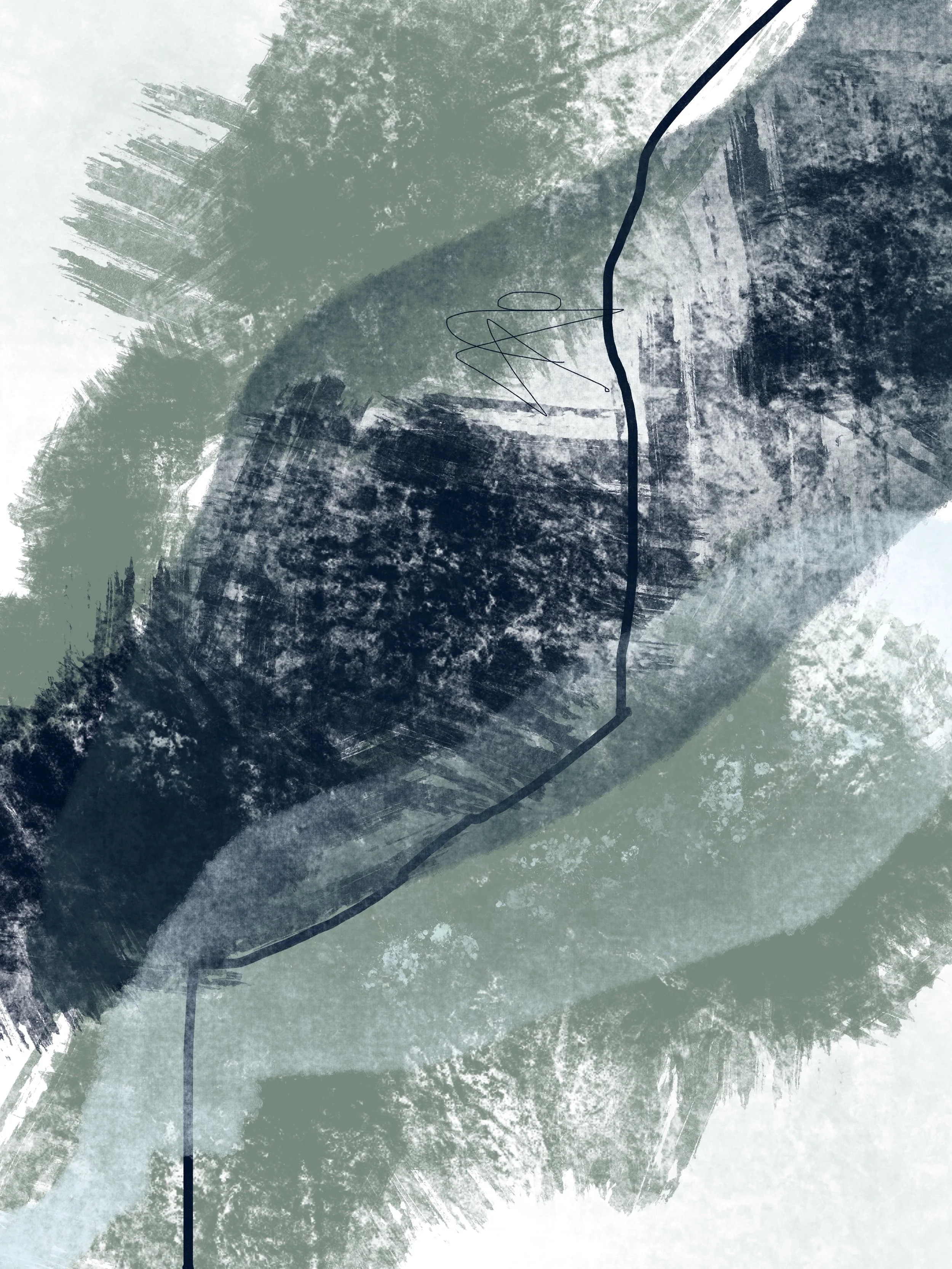 Abstract digital painting with textured brushstrokes in shades of green, blue, and white, featuring a black outline of a geometric shape.