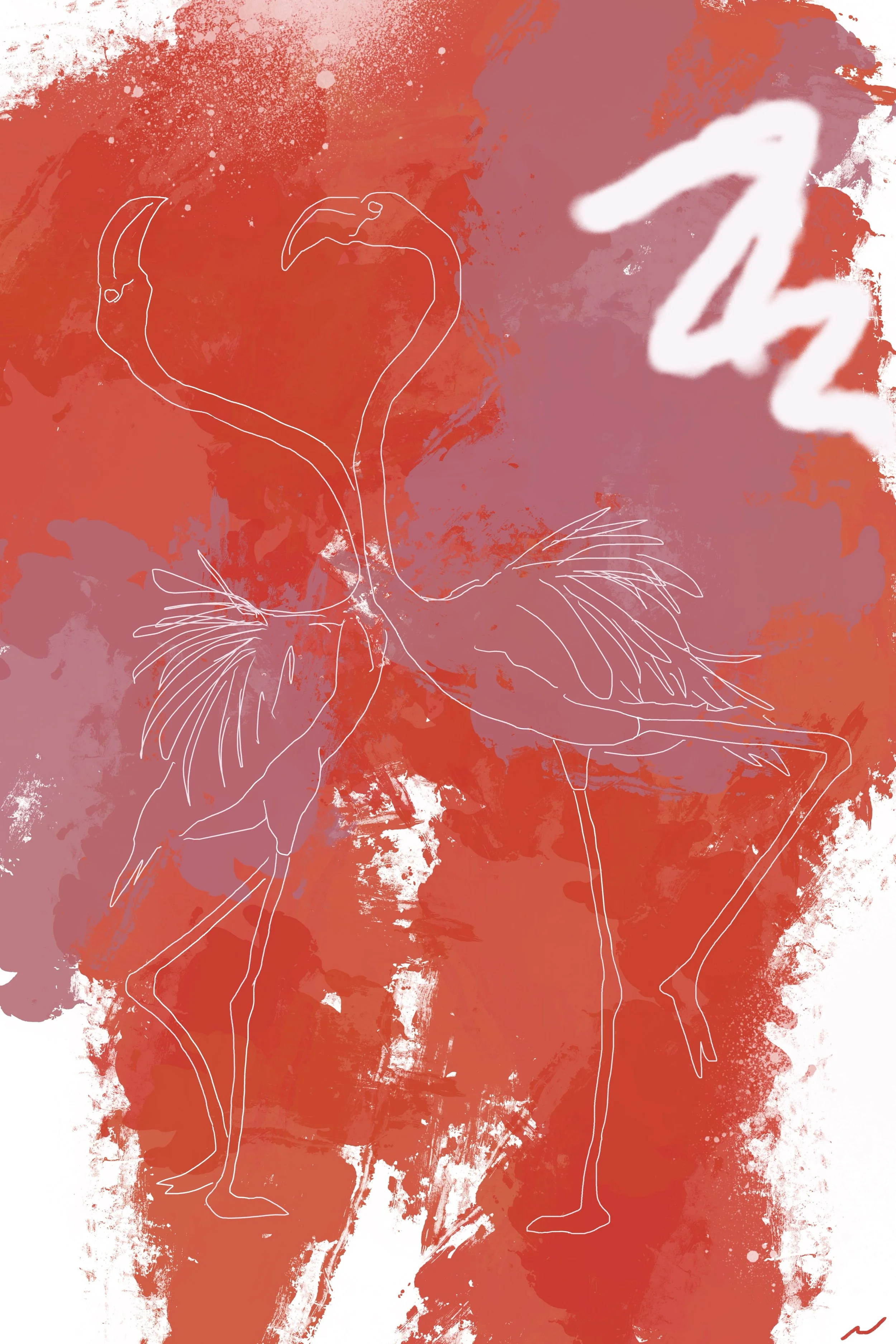 Like a Flamingo: My Connection with You III original digital artwork featuring one-line flamingo silhouettes against a textured red background with expressive painterly details and contemporary minimalist styling.