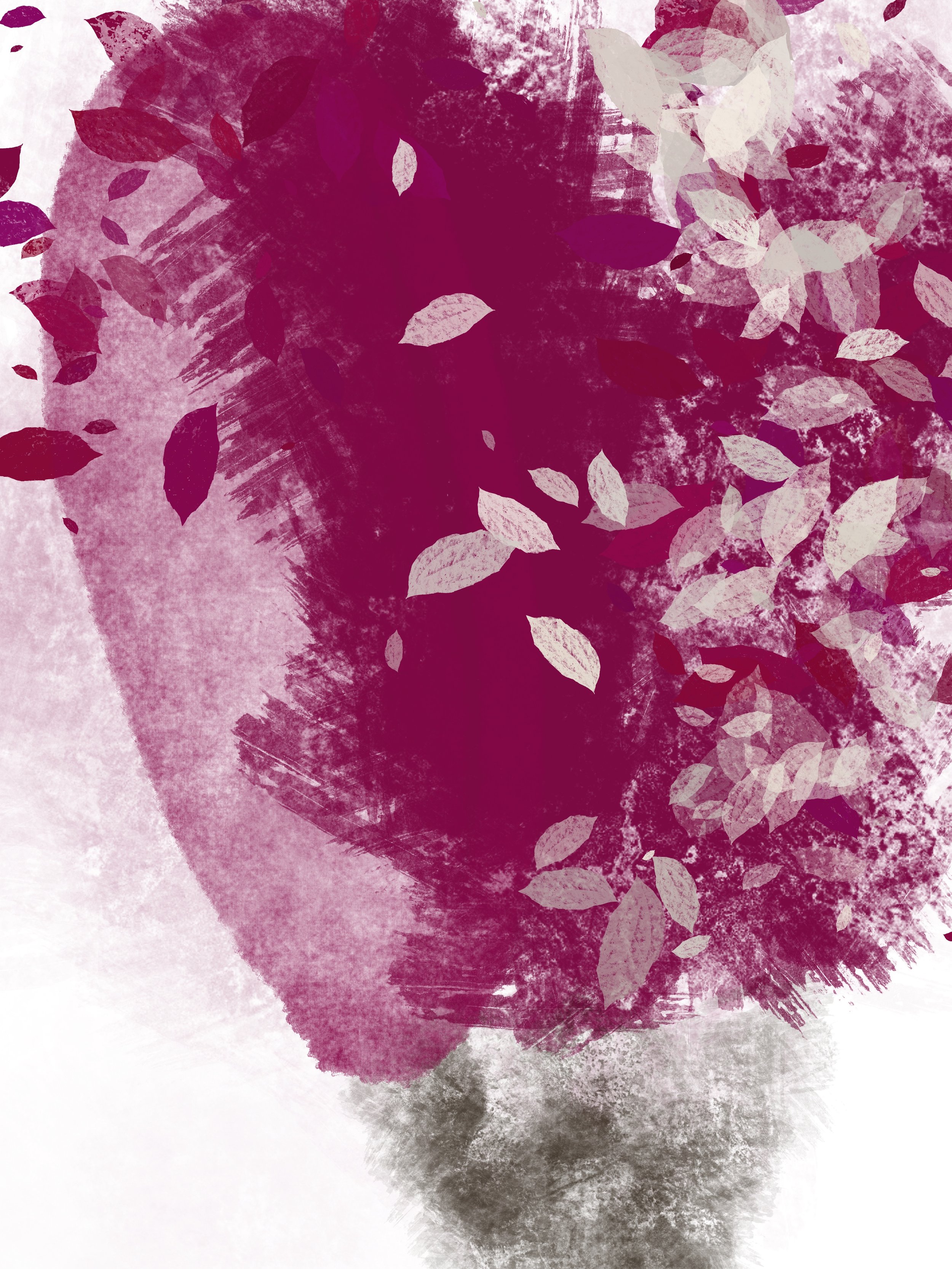 Love Is Only a Small Distance Away III — vibrant abstract botanical artwork featuring dense, organic forms in magenta pink, red, and electric lime green, arranged in a richly textured composition.