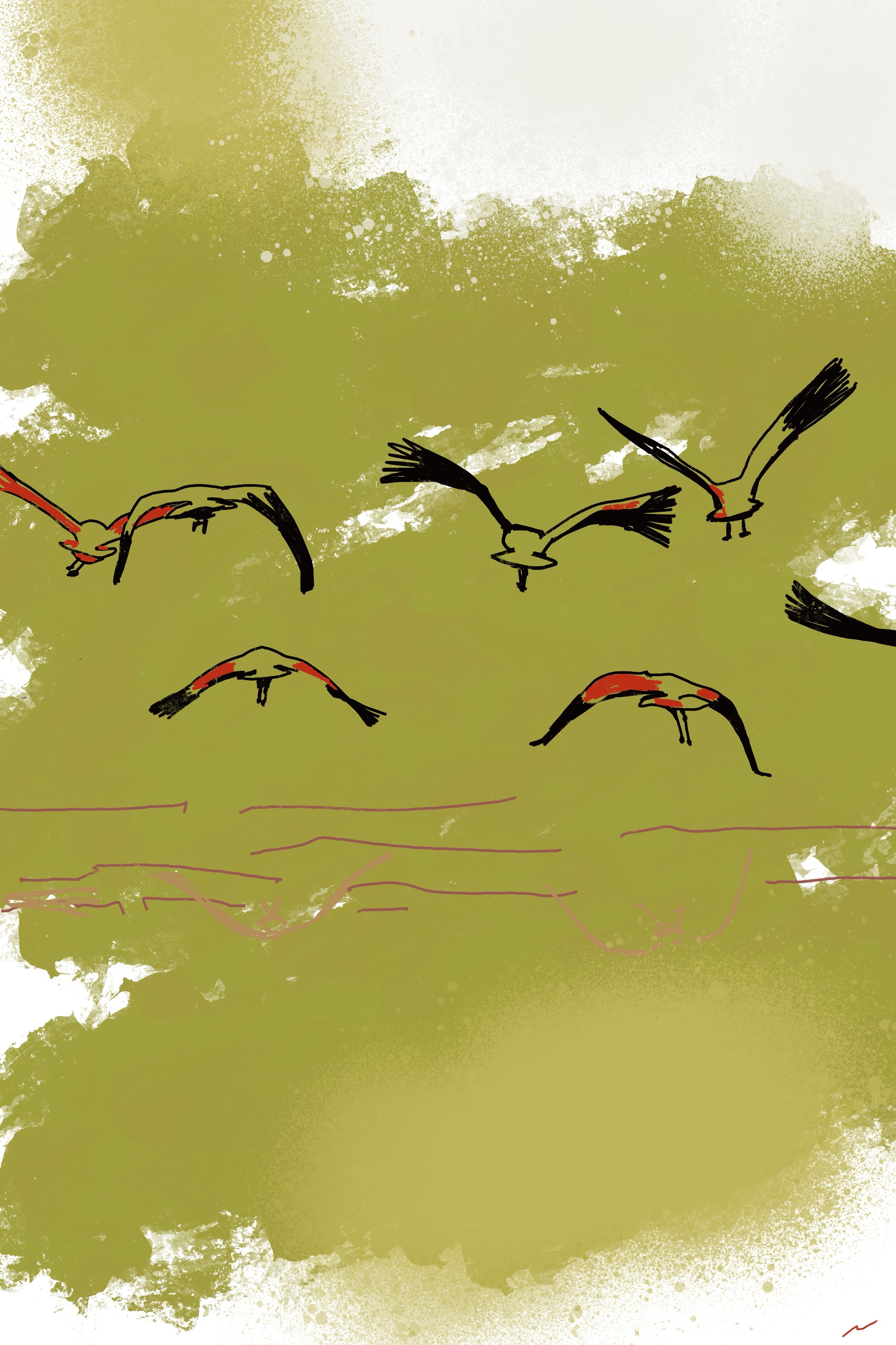 Fleeting Moments Are Here to Stay II abstract digital artwork featuring flying birds in an olive green palette. Part II of a triptych.