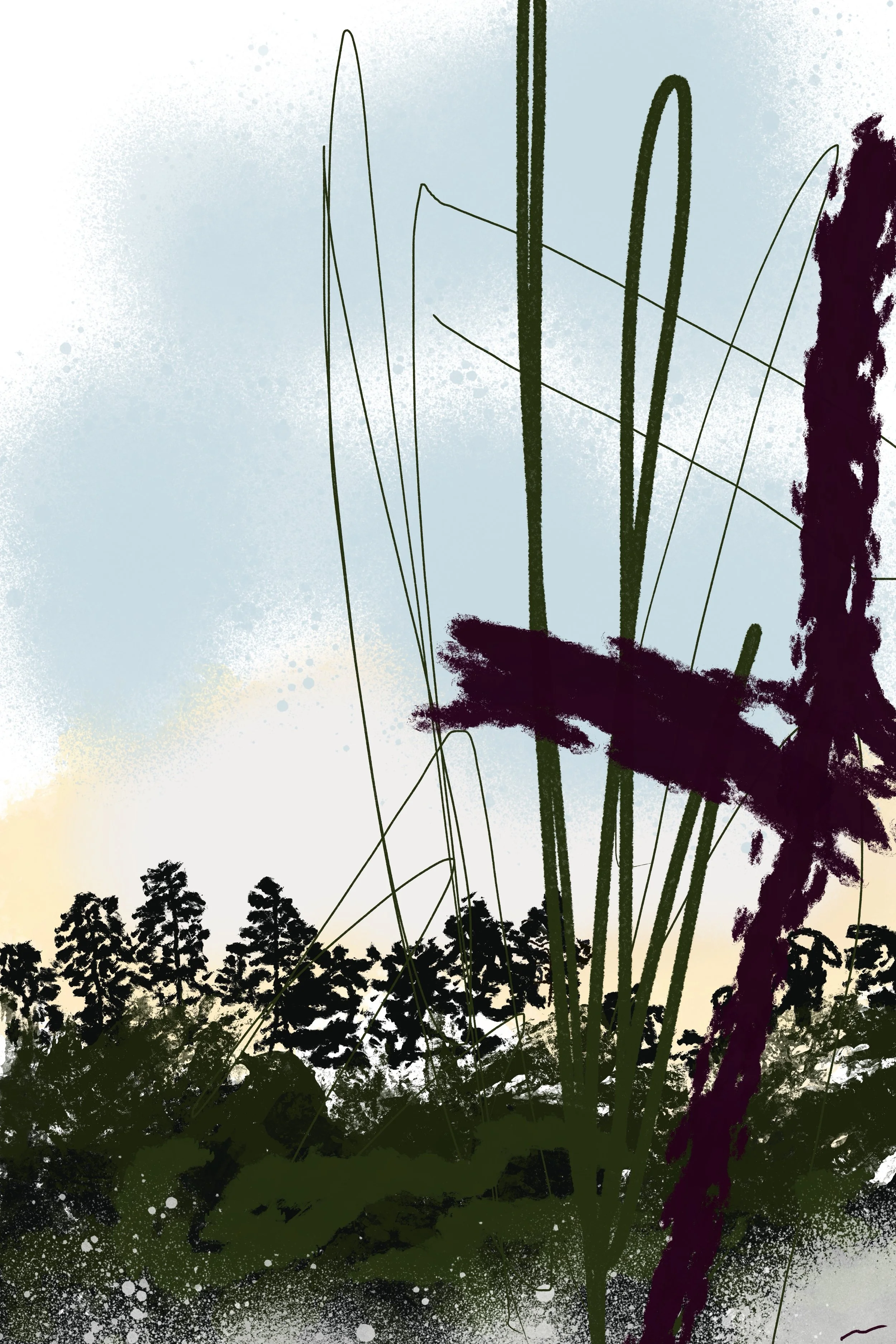 Their Ancient, Unyielding Presence at Dawn II, an original digital artwork featuring a graffiti-inspired forest landscape with expressive layered foliage, vibrant textures, and contemporary biophilic wall art design.