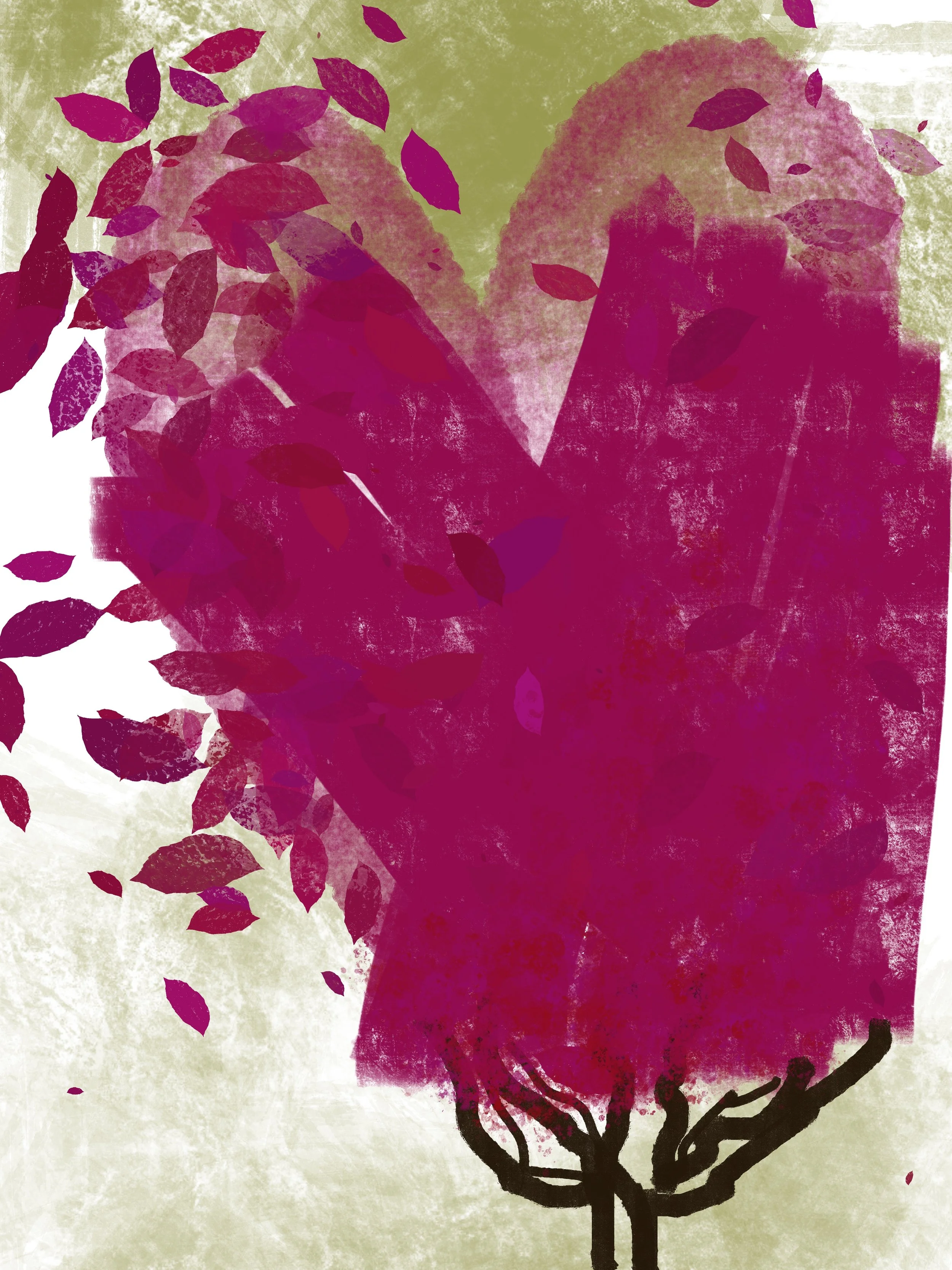 Love Is Only a Small Distance Away I — vibrant abstract botanical artwork featuring dense, organic forms in magenta pink, red, and electric lime green, arranged in a richly textured composition.