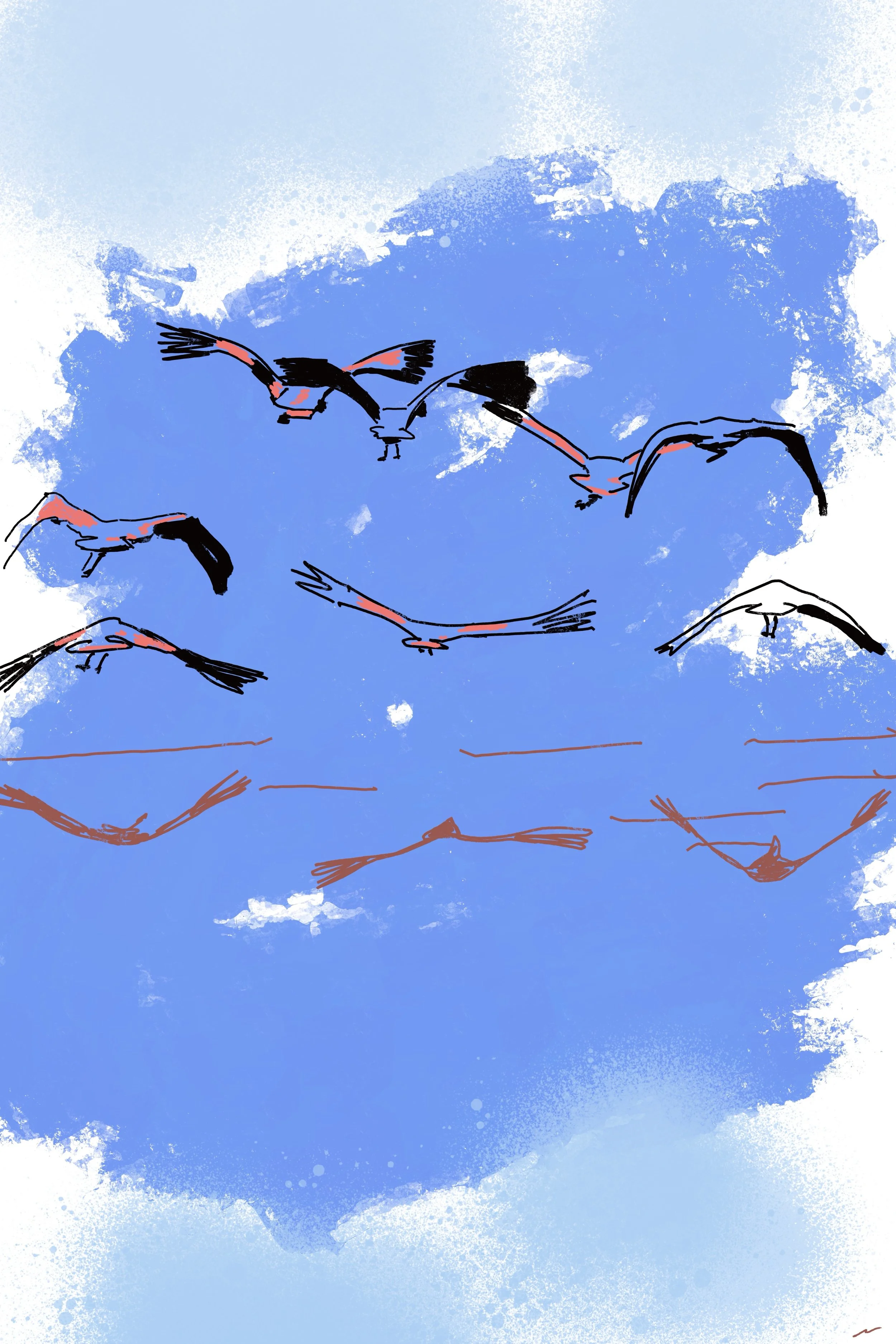 Fleeting Moments Are Here to Stay I abstract digital artwork featuring flying birds in a cobalt blue palette. Part I of a triptych.