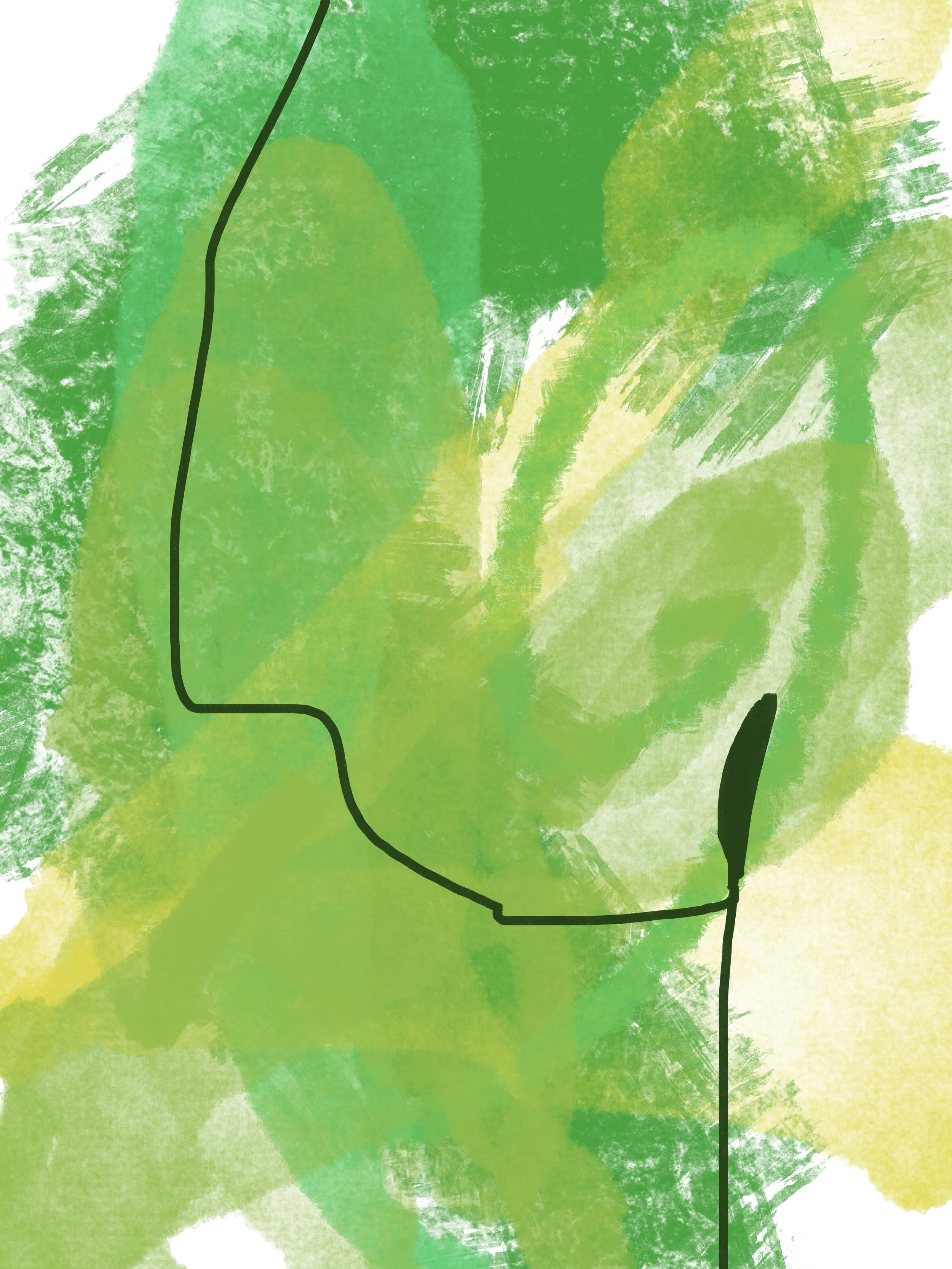 An abstract painting with green and yellow watercolor strokes, featuring a black line drawing of flower petals.
