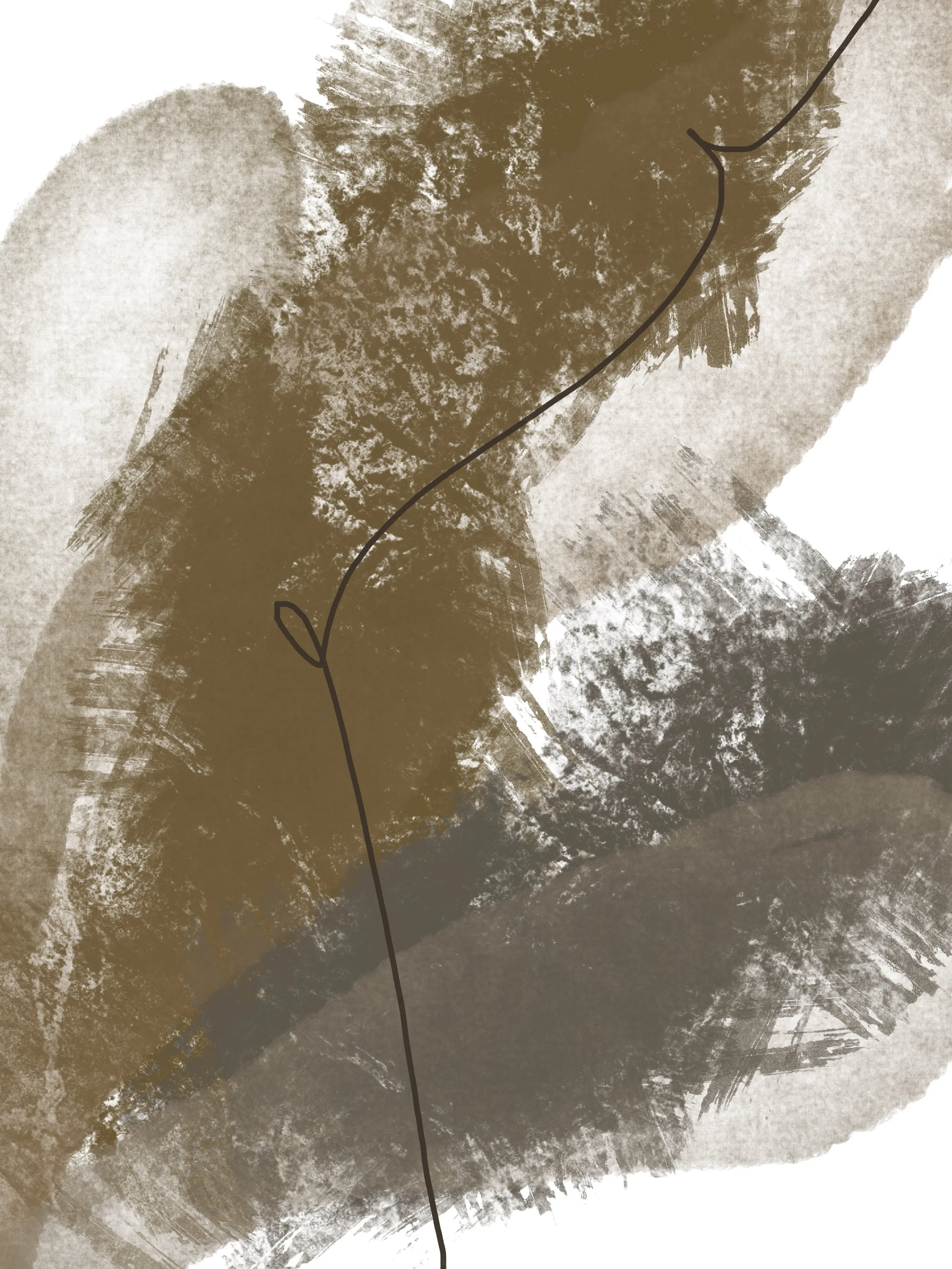 Abstract digital artwork with earthy brown, gray, and black brushstrokes and a thin, continuous black line running vertically through the center.