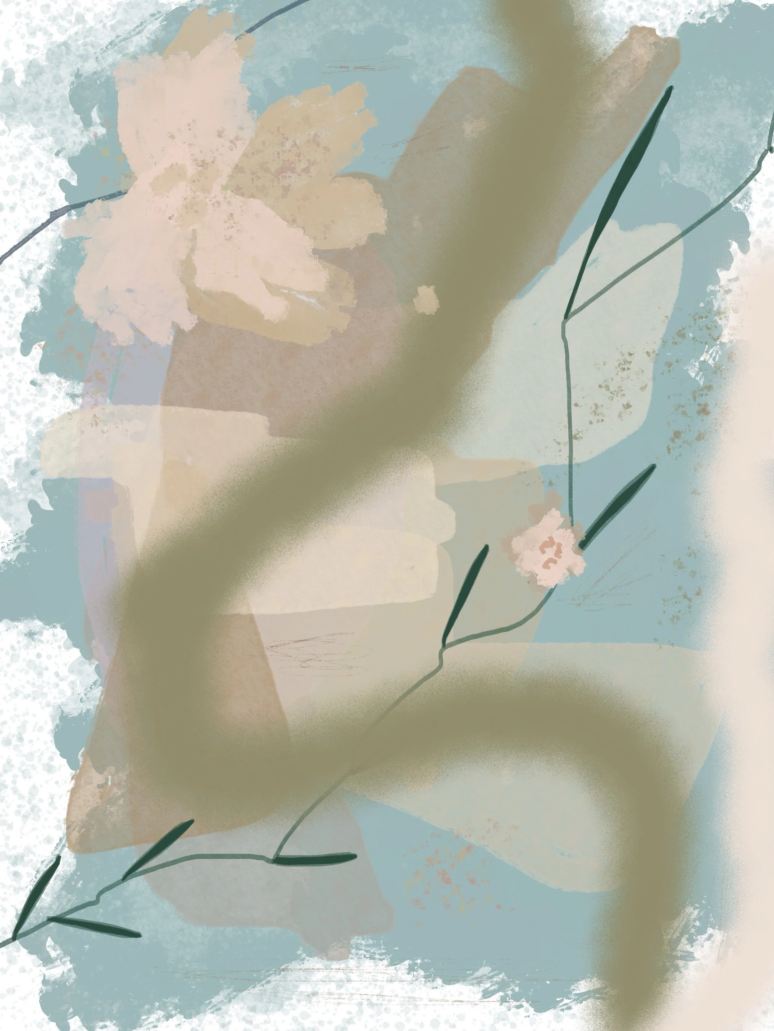 Abstract floral illustration with soft pastel colors, including pink flowers, green leaves, and blue background.