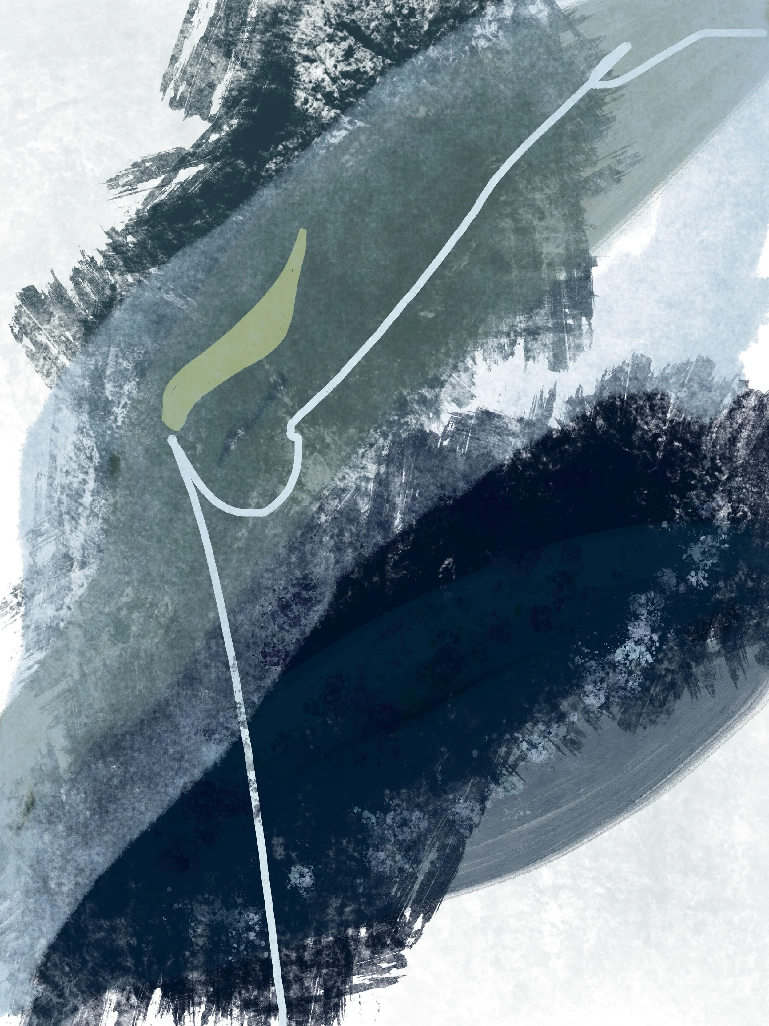 Abstract digital artwork with overlapping brush strokes and a line drawing of a whale in muted tones of blue, green, and gray.