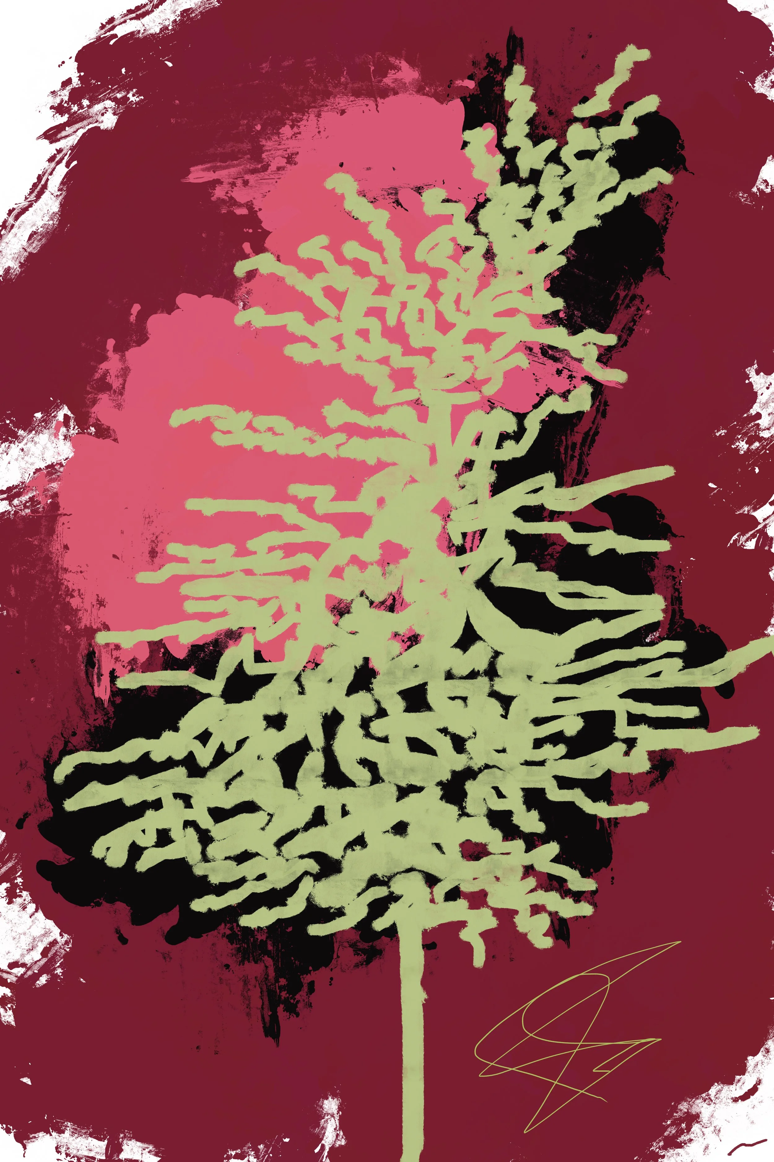 Like a Centerpiece, I Blend  Easily I, an original digital artwork featuring expressive graffiti-inspired abstraction, luminous urban textures, layered brushstrokes, and vivid red palette colors in a contemporary fine art composition.