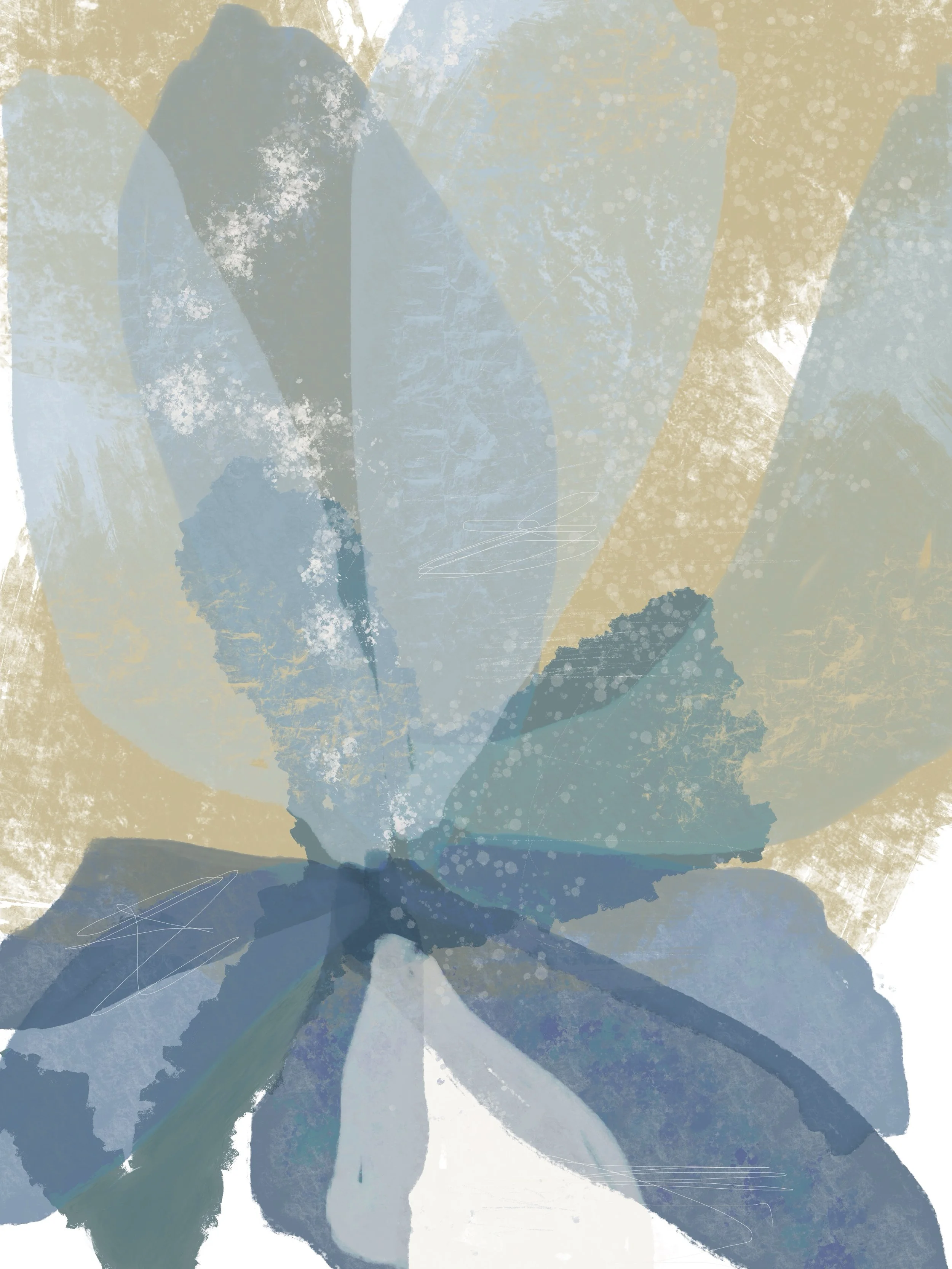 Abstract artwork featuring large, overlapping leaves in shades of blue, teal, beige, and white with textured, painterly effects.