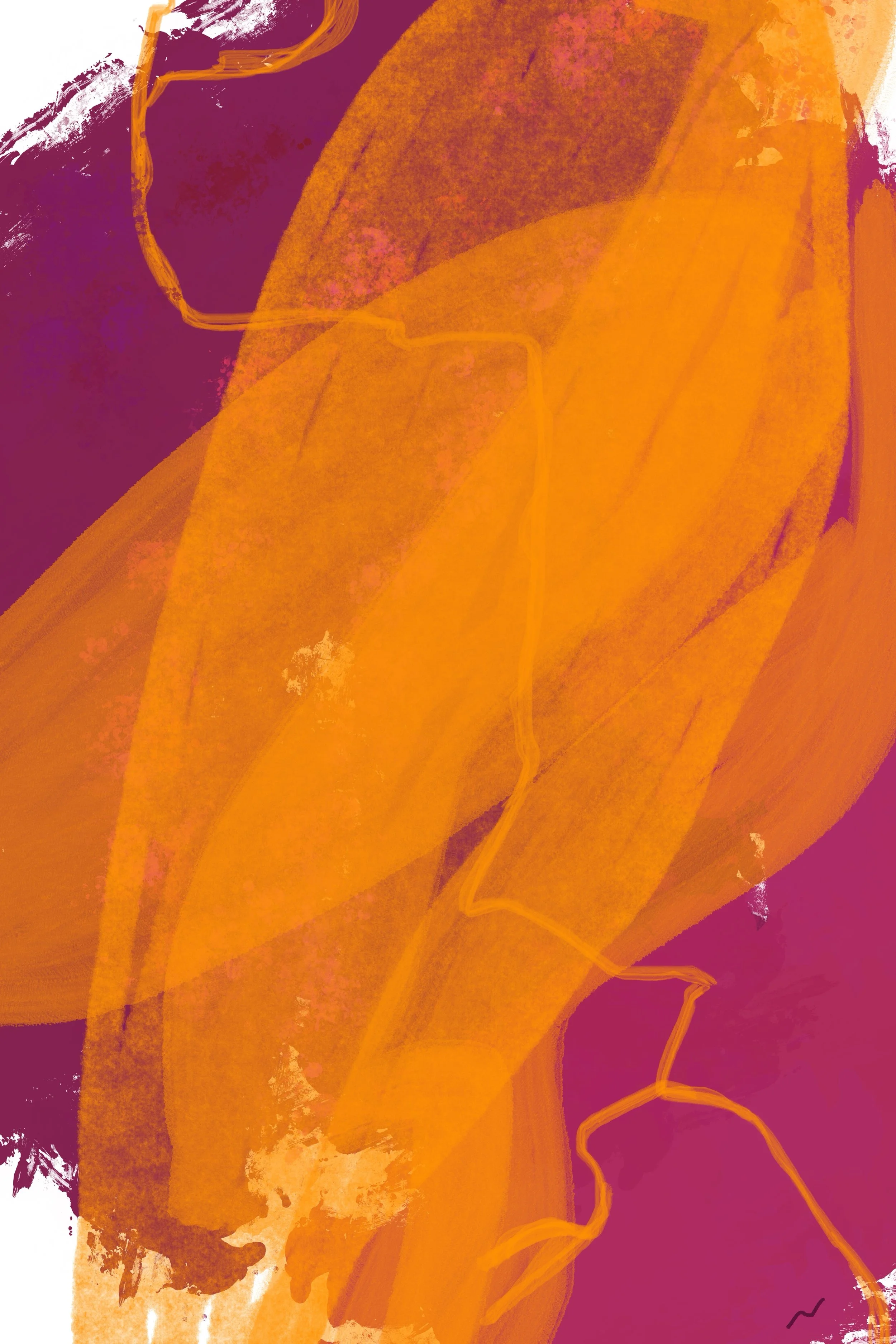 Energetic nature expressionism painting of neon orange flower petals blowing in the wind. Part of triptych, 3 of 3.