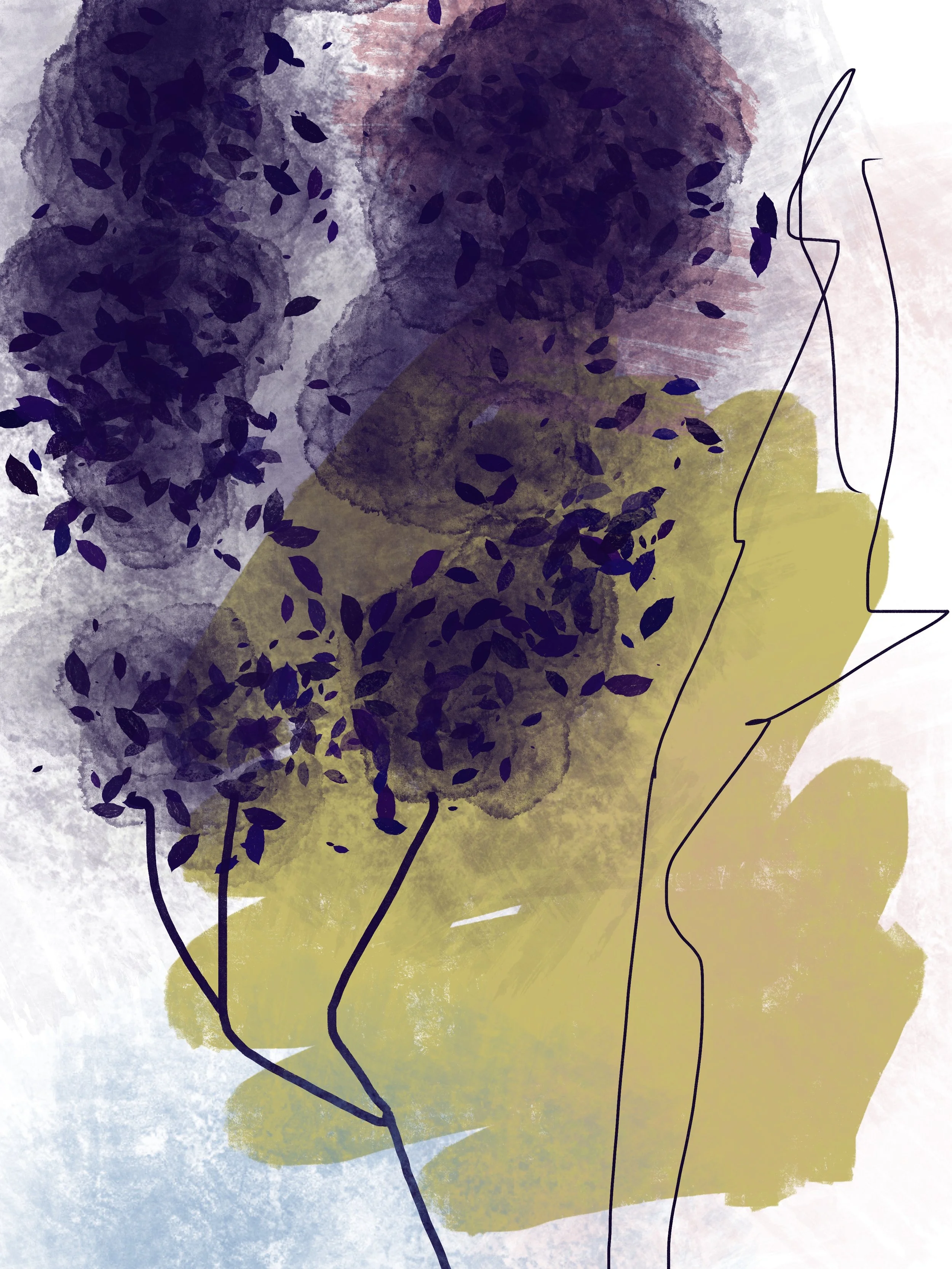You and I Are Forever—Within That Boundary We Play II — vibrant abstract botanical artwork with dissolving organic forms and weightless leaves sweeping through deep purples, vivid greens, and luminous yellows.