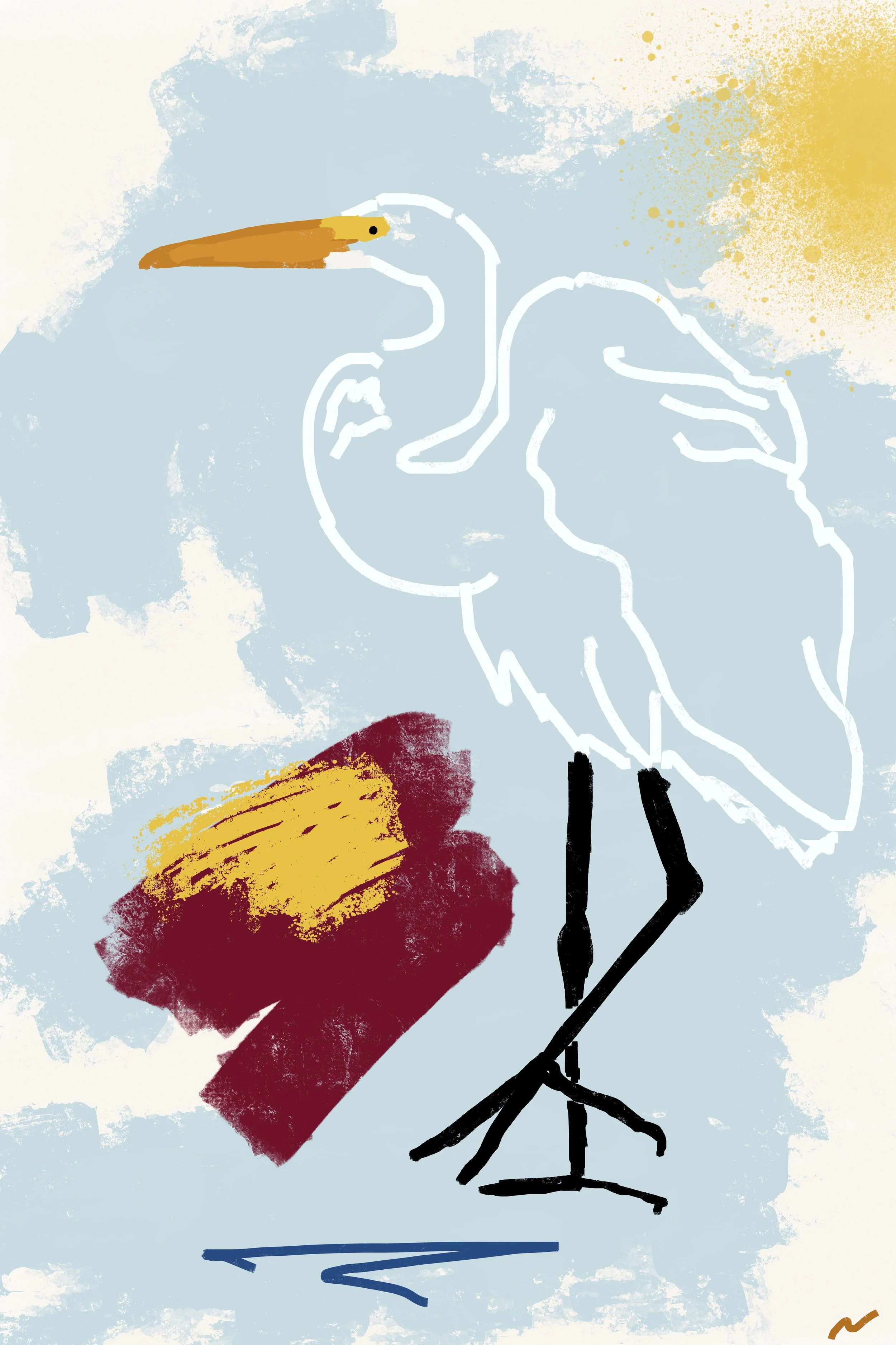 Expressive tropical egret artwork featuring a one-line bird against pastel teal with layered graffiti textures in red, yellow, and orange, creating bold contemporary jungle street art. Part of triptych, 1 of 3.