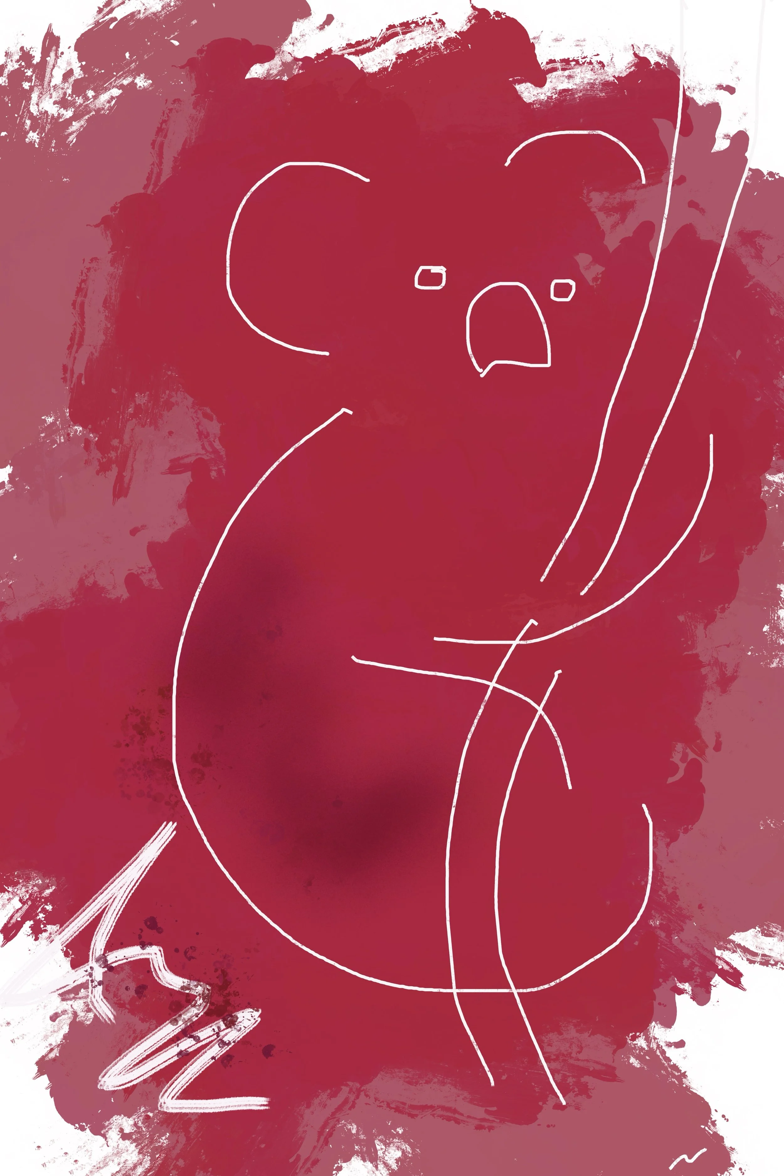 A chilling koala set against a moody maroon and burgundy red backdrop. A striking modern nature print, brings rich atmosphere and depth to any space. Part of triptych, 3 of 3.