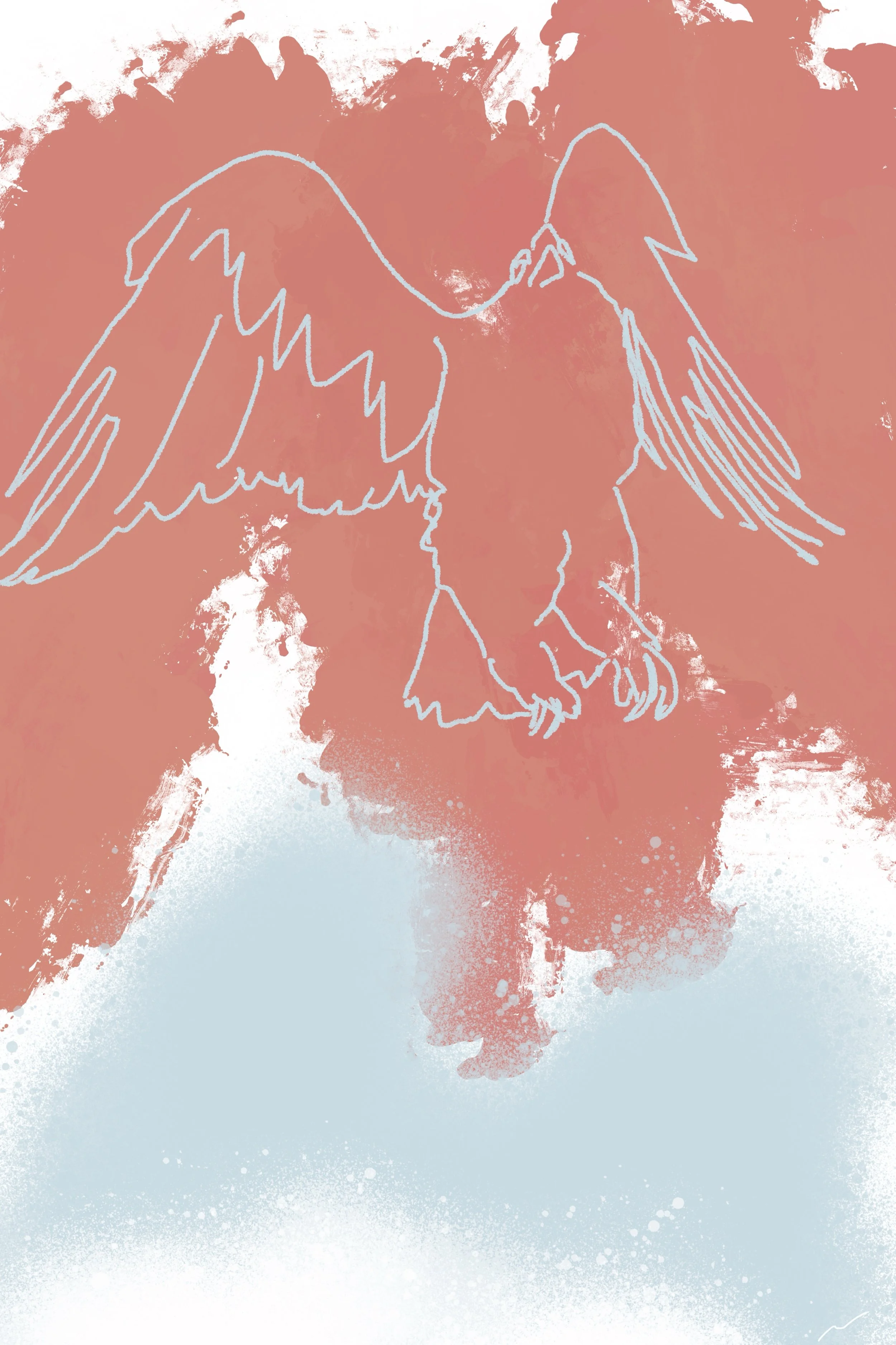 My Deeply Rooted Desire for Freedom II urban landscape in coral and mellow blue palette, featuring a one-line eagle soaring in the sky. Part II of a triptych.