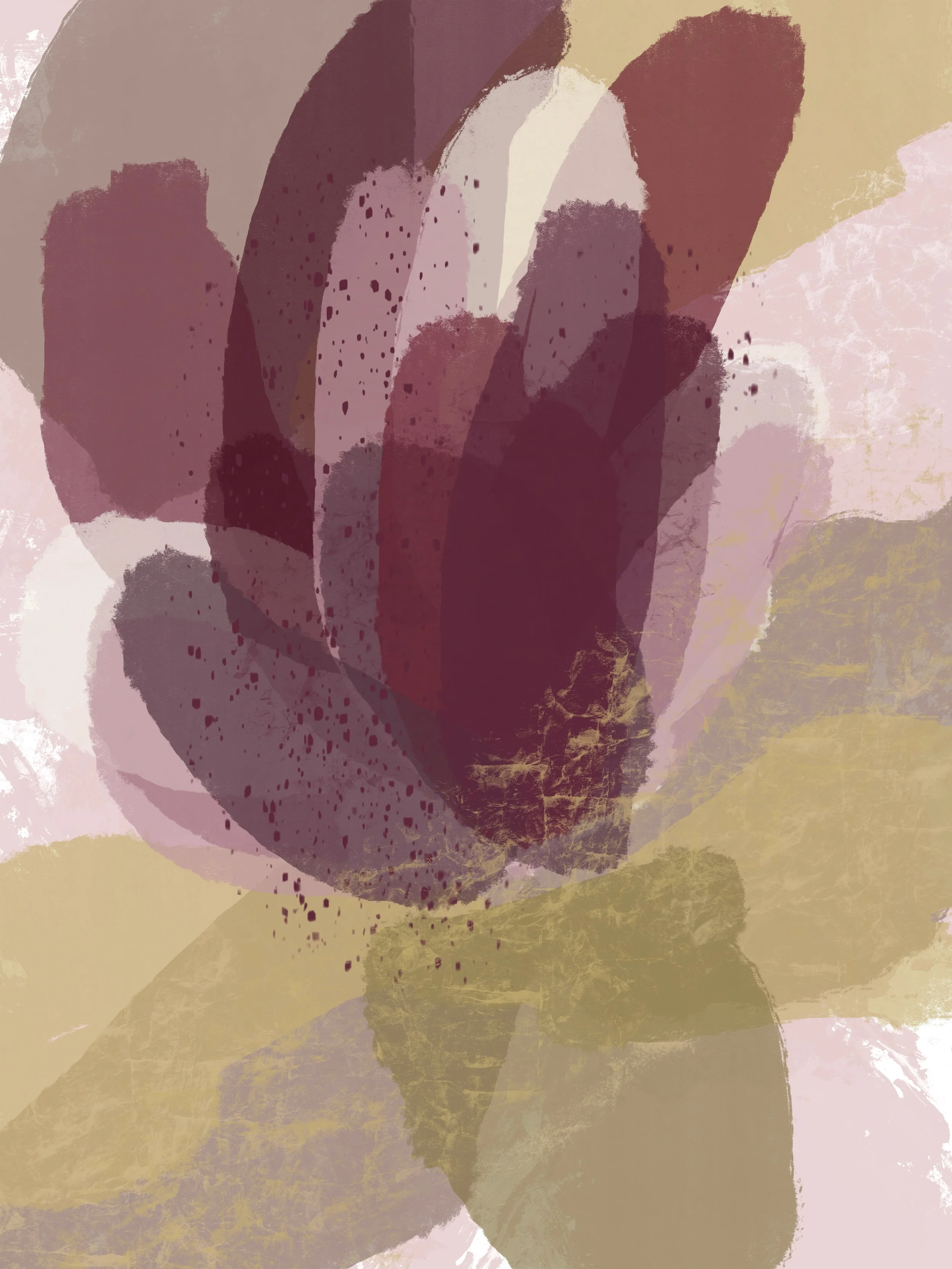 Abstract digital art featuring stylized flower petals in shades of maroon, mauve, pink, and beige with textured overlays.
