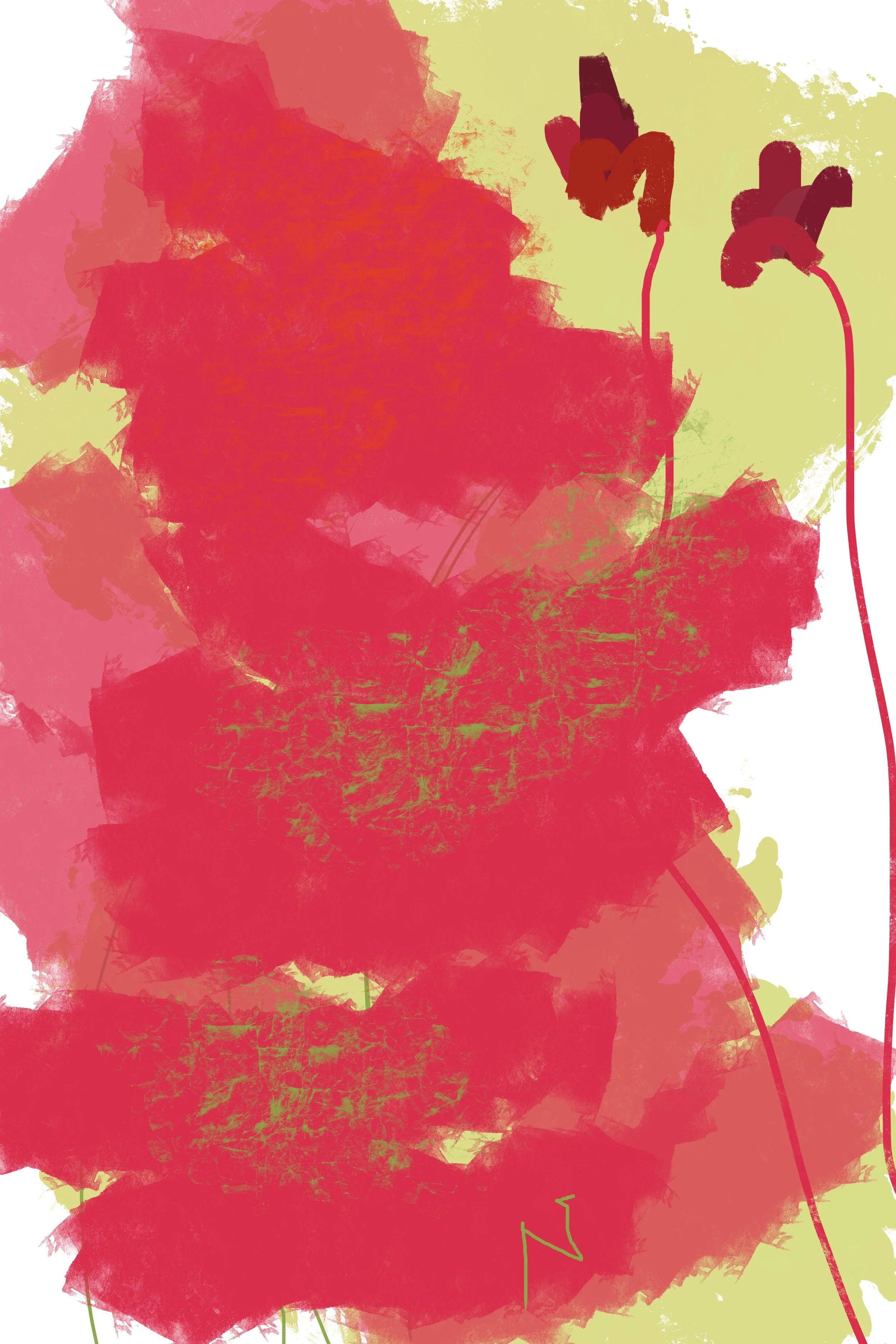 Hand-painted graffiti style landscape art featuring a vibrant, textured red conifer tree. The painting uses bold street art strokes and thick textures against a modern nature background. 24x36 vertical wall art print. Part of triptych, 2 of 3.