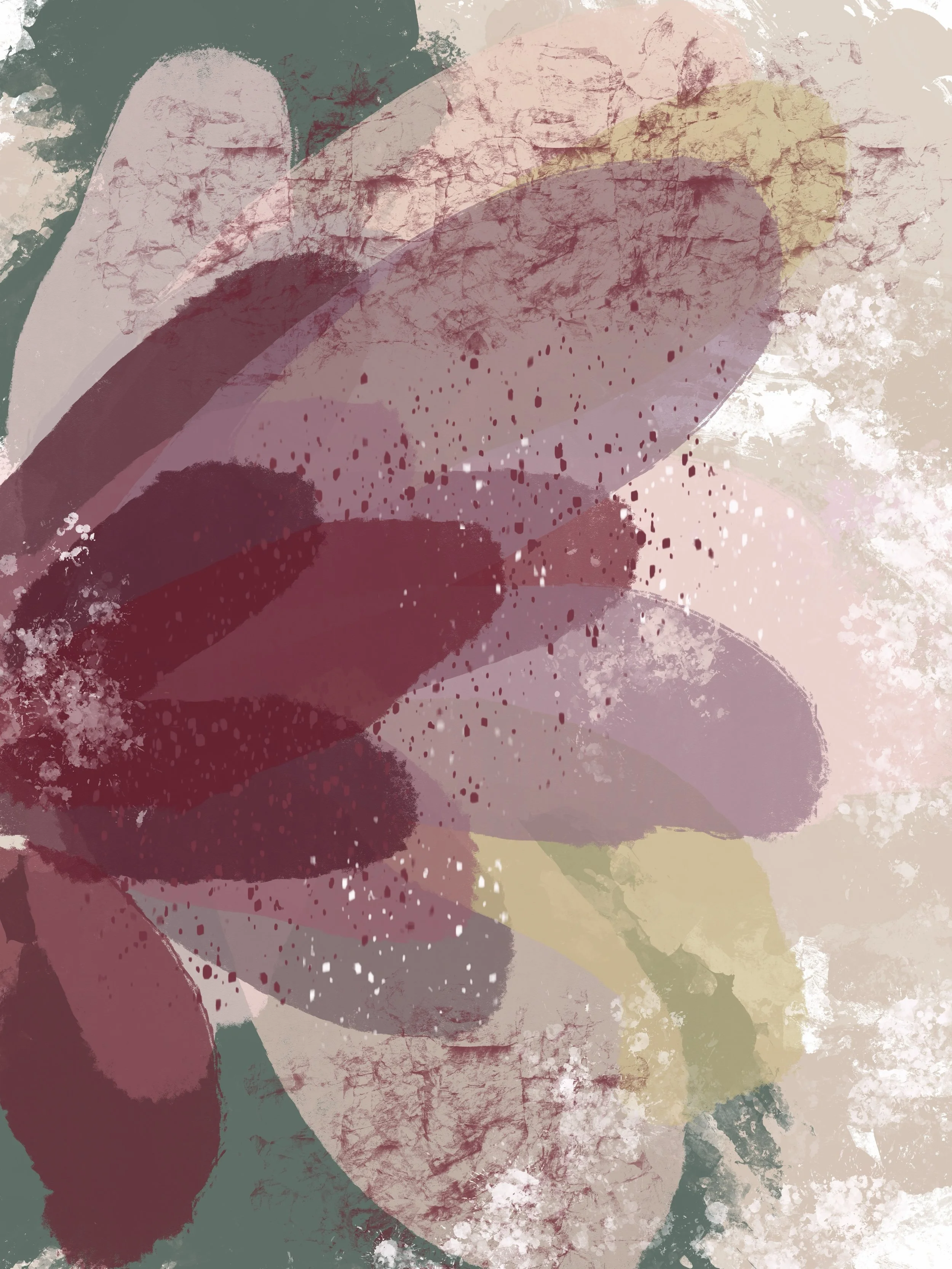 Abstract floral digital art with layered pastel-colored leaves and petals, featuring a textured background.