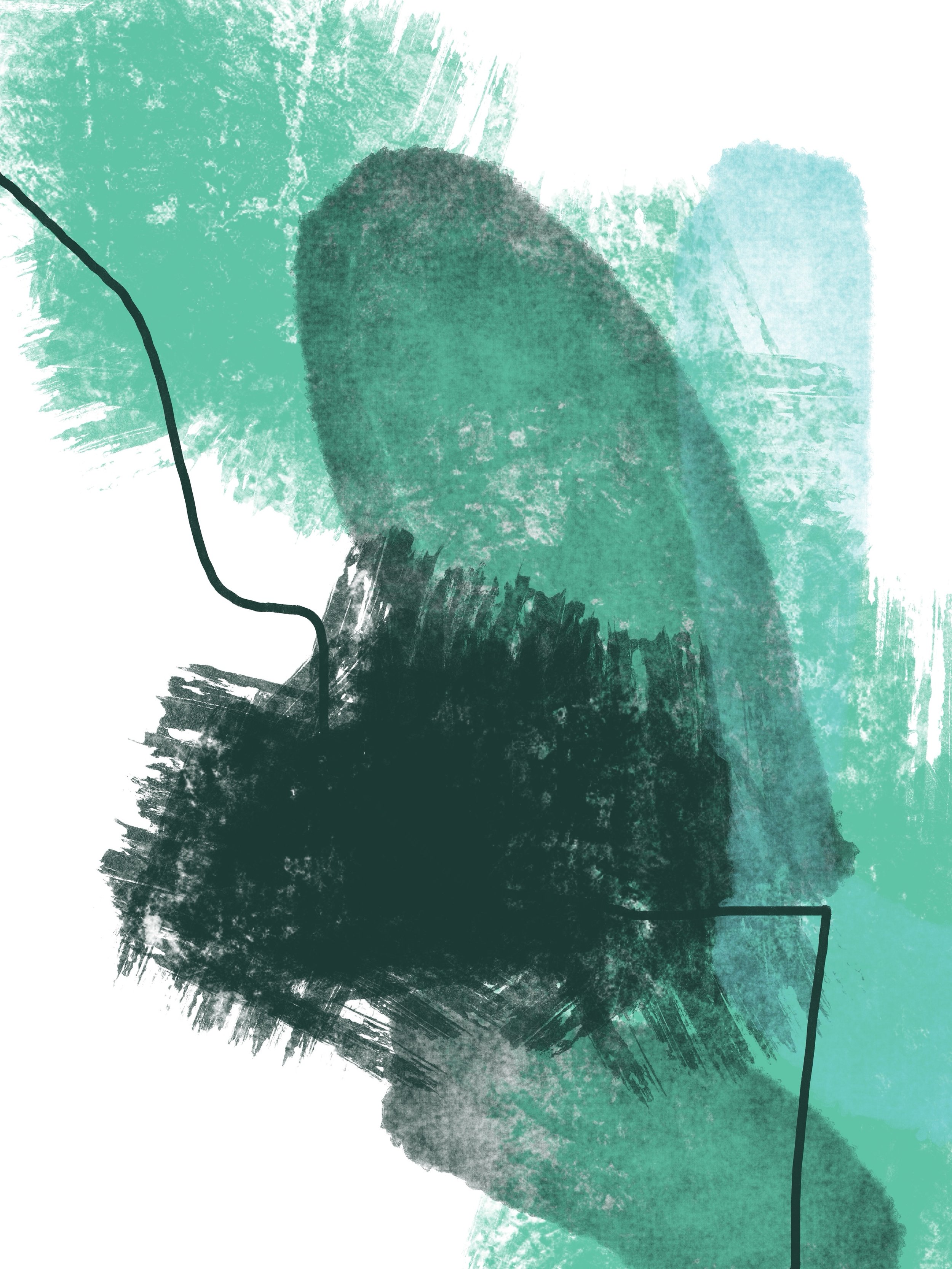 Abstract digital art with teal, black, and gray paint-like brush strokes and a continuous black line outline.