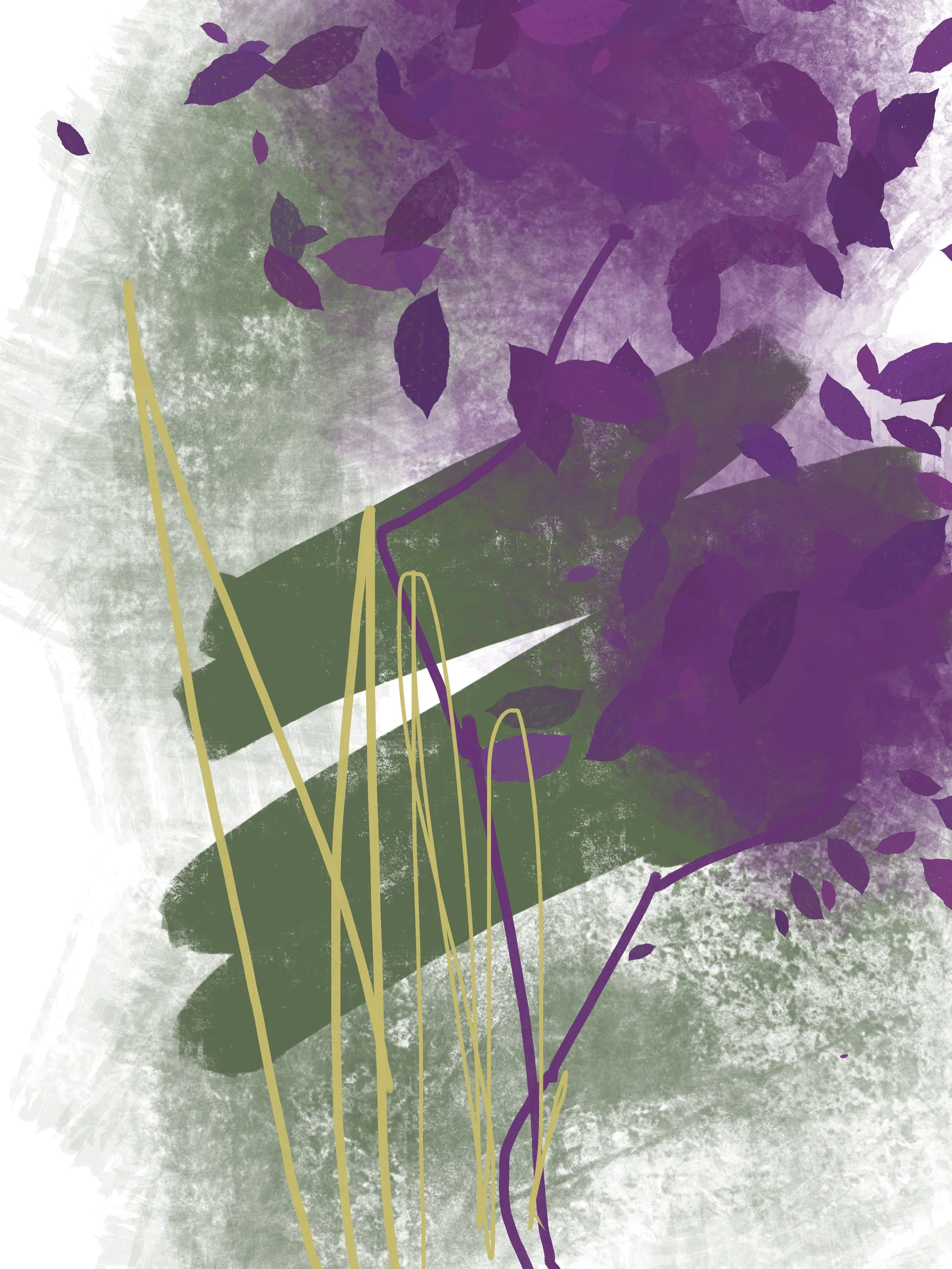 You and I Are Forever—Within That Boundary We Play III — vibrant abstract botanical artwork with dissolving organic forms and weightless leaves sweeping through deep purples, vivid greens, and luminous yellows.