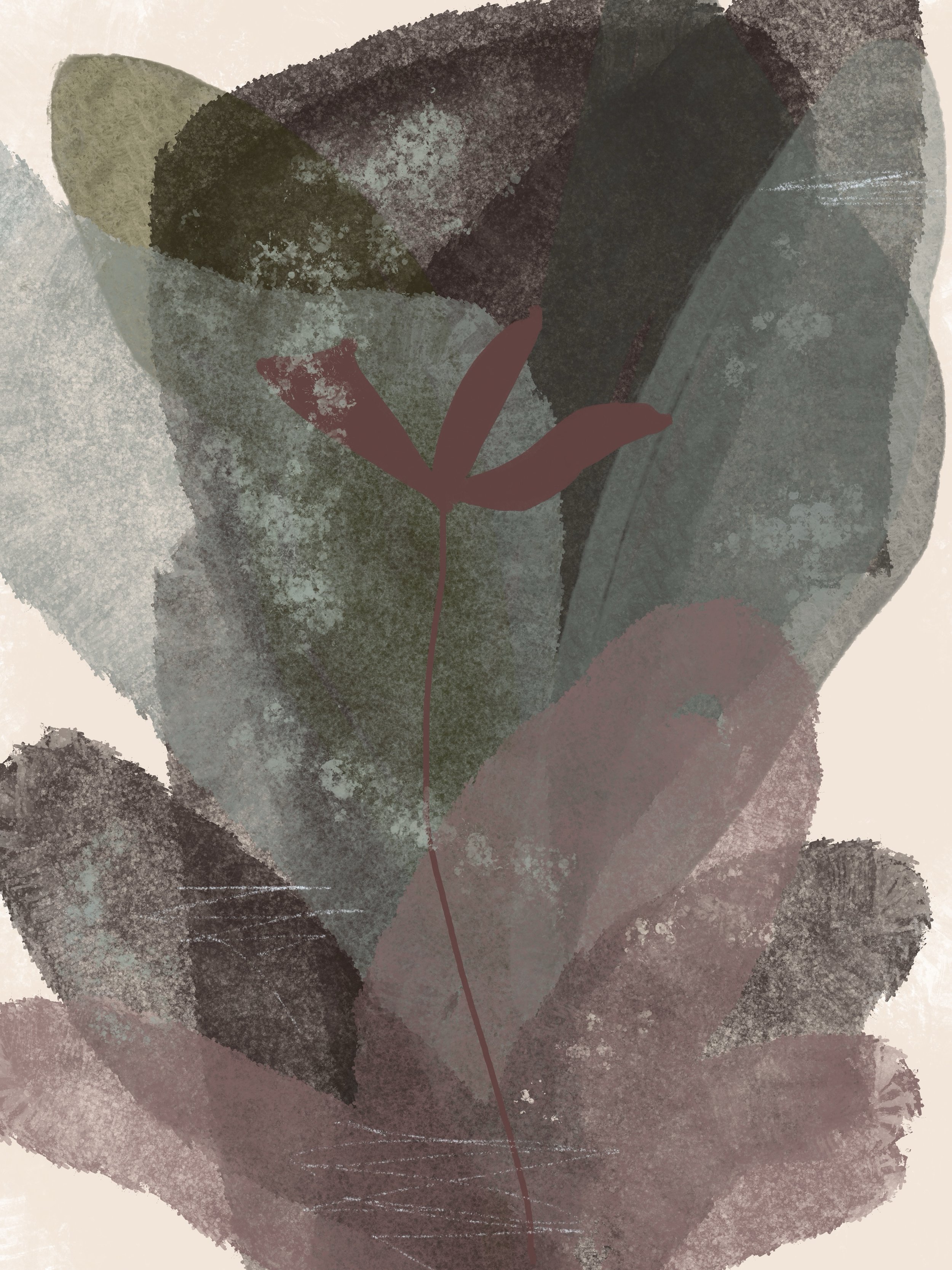 Abstract artwork featuring layered, textured shapes with shades of green, brown, gray, and pink, with a prominent dark red stem and leaf in the center.