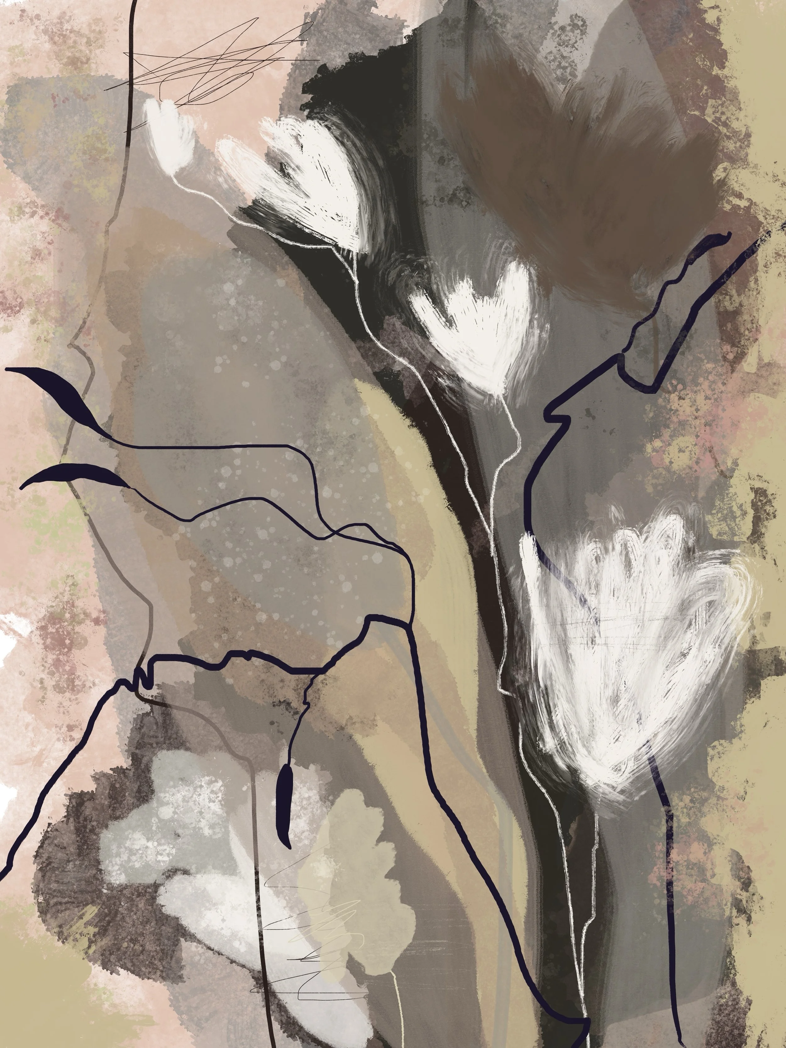 Abstract painting with muted earth tones, featuring black, white, beige, and pinkish colors, with black and white lines and shapes.