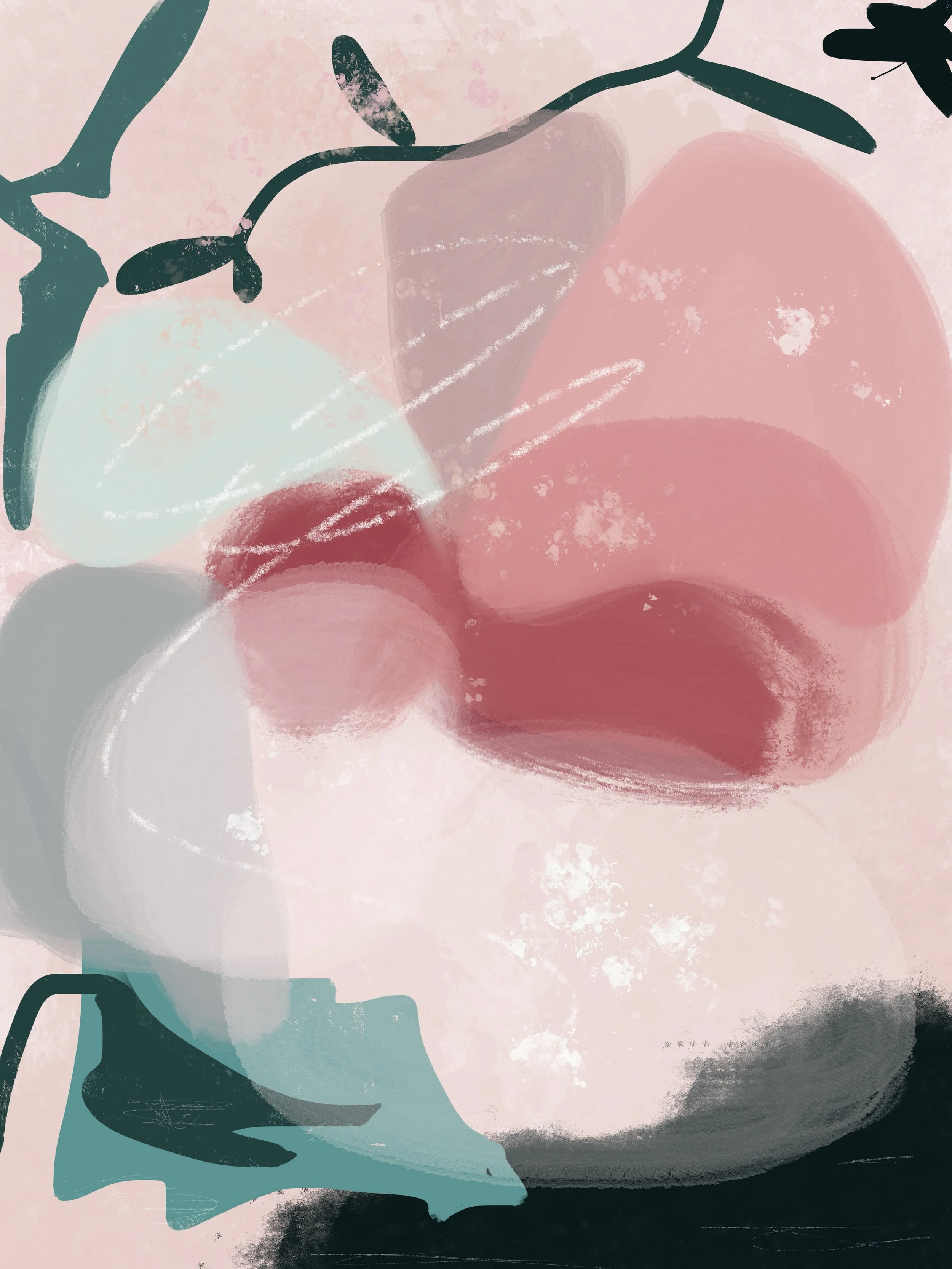 Abstract illustration of peaches, leaves, and branches in soft pastel colors.