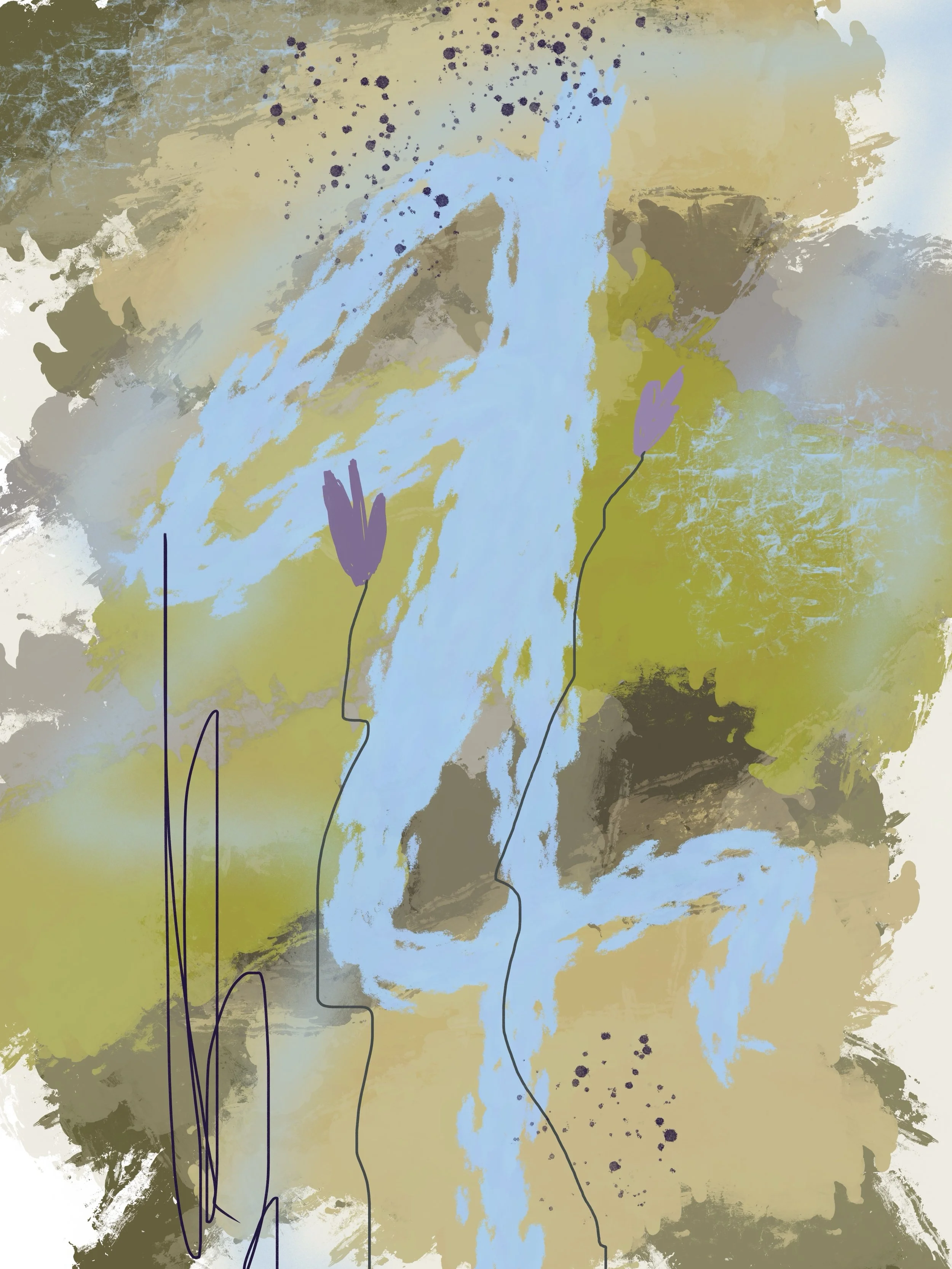 Abstract watercolor painting featuring flowing blue water, purple flowers, and splashes of yellow, brown, and black with a textured background.
