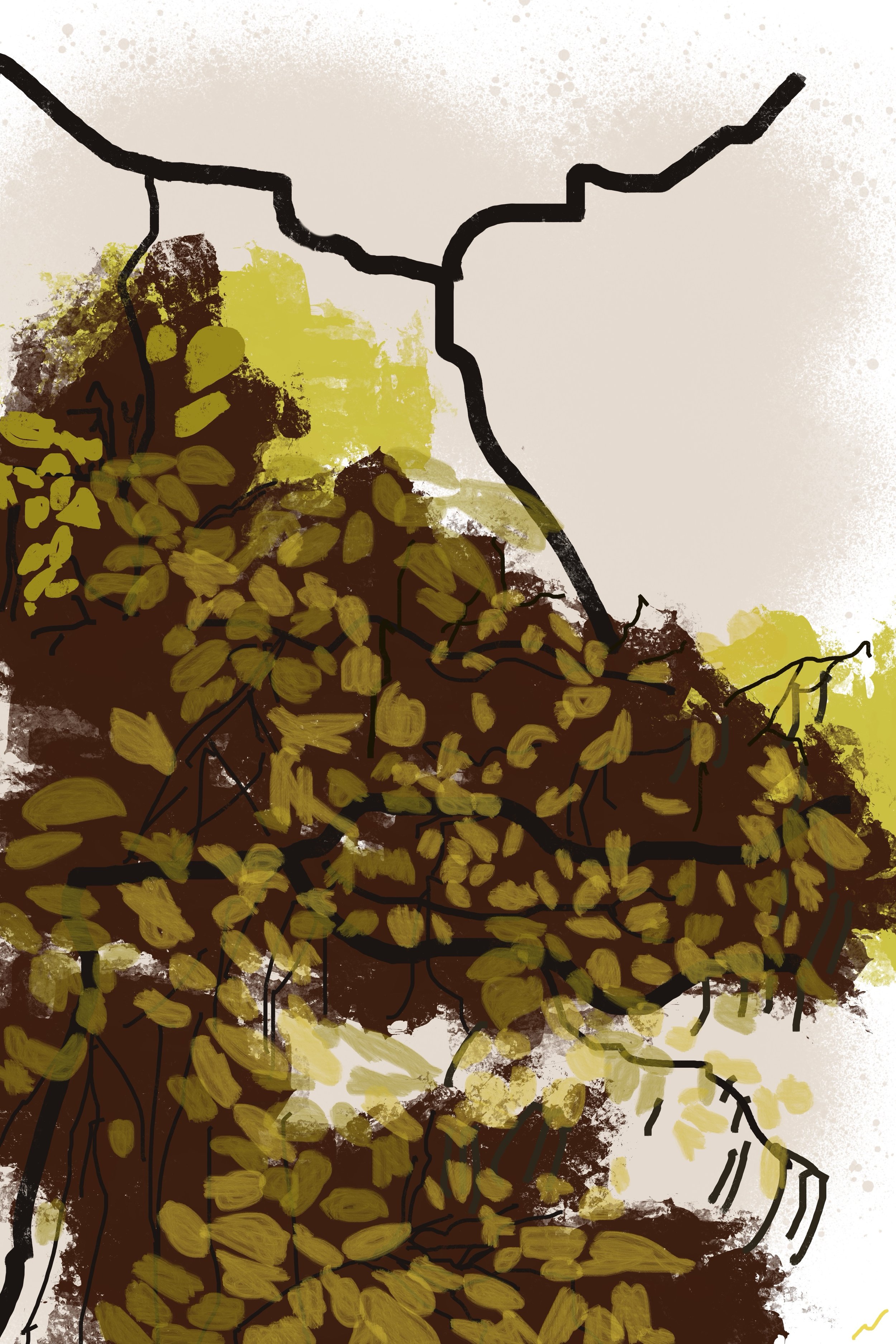 Urban graffiti-inspired landscape wall art featuring treetops, blending tactile impasto textures with expressive, nature-themed composition. Part of triptych, 2 of 3.