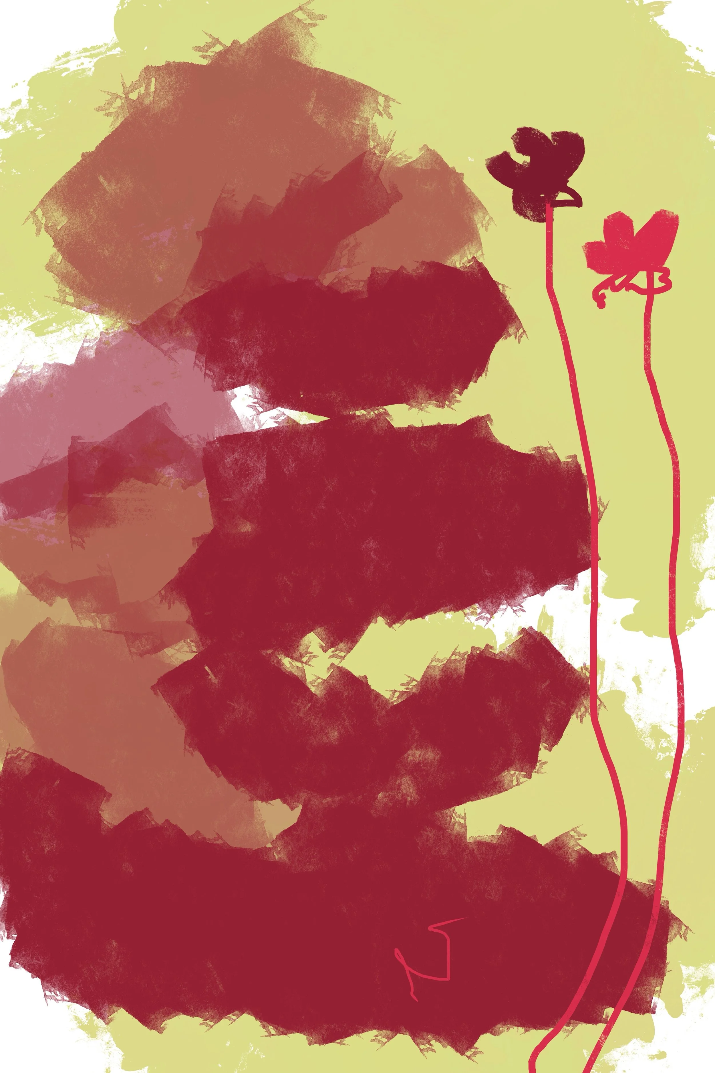 Hand-painted graffiti style landscape art featuring a vibrant, textured red conifer tree. The painting uses bold street art strokes and thick textures against a modern nature background. 24x36 vertical wall art print. Part of triptych, 3 of 3.
