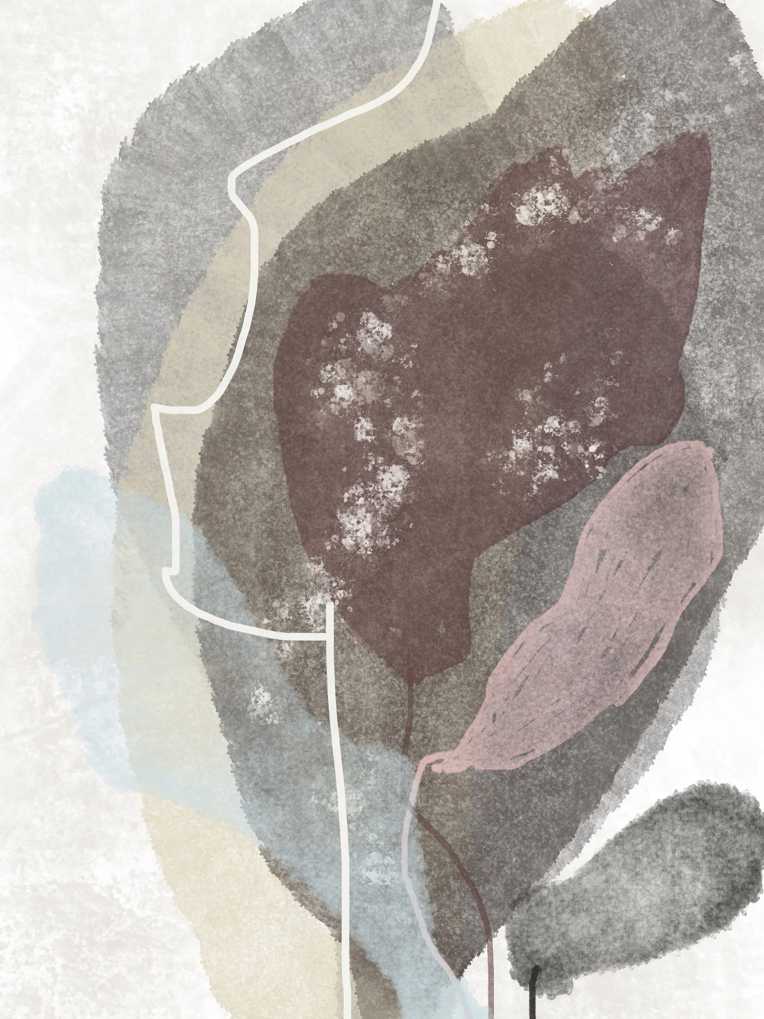 Abstract watercolor painting of a flower with varying shades of gray, brown, mauve, and pastel pink, with white and black outlines.